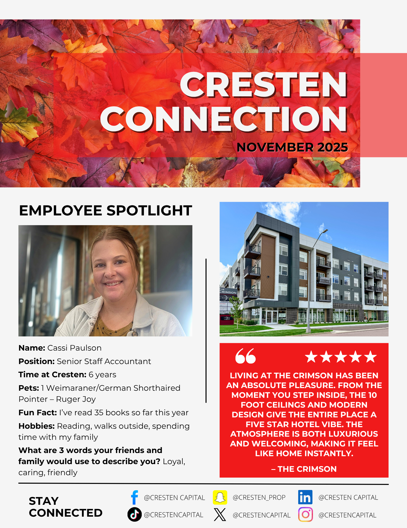 Cresten Connection newsletter cover with employee spotlight, building photo, and red autumn leaves header