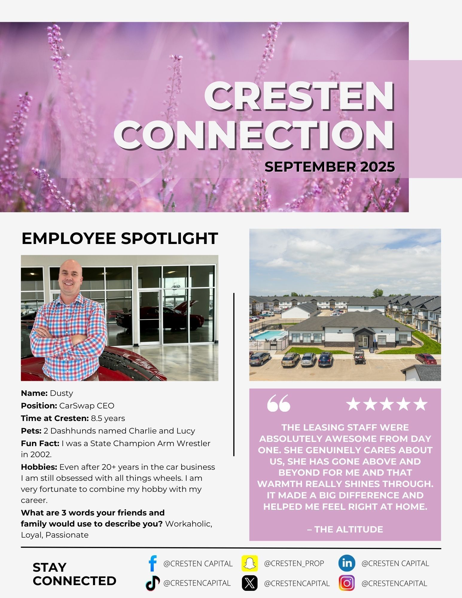 Cresten Connection September 2025 newsletter with employee spotlight and apartment community photos
