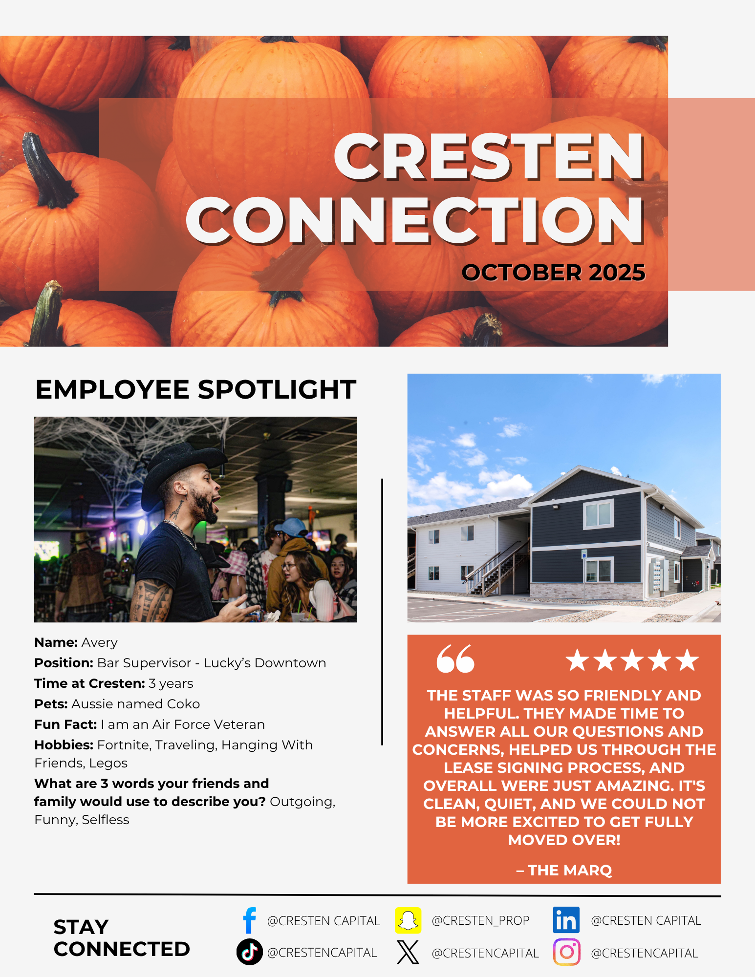 Cresten Connection newsletter cover with pumpkins, employee spotlight photos, and a testimonial panel