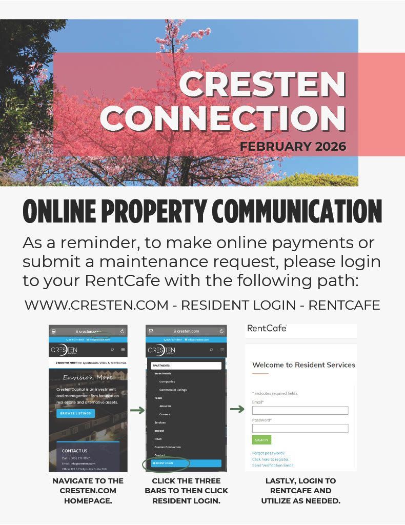 Cresten Connection February 2026 flyer about online property communication with login screenshots