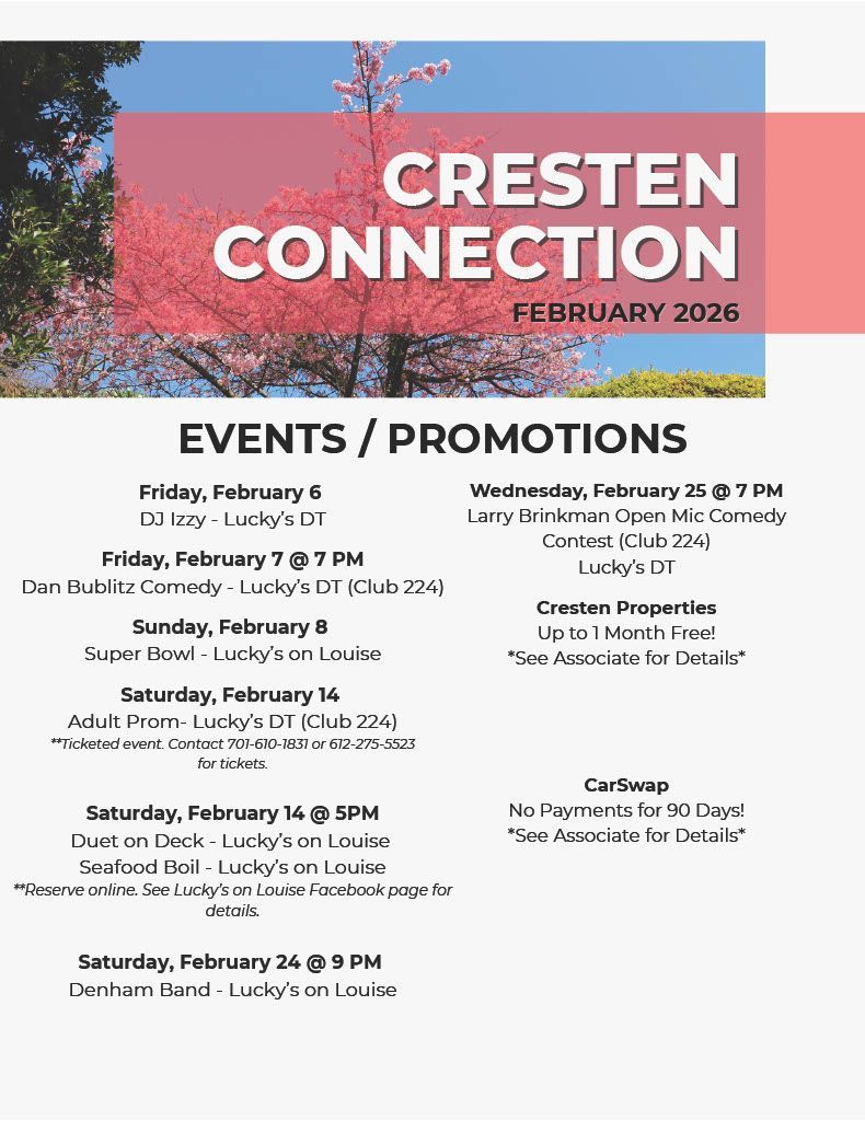 Cresten Connection February 2026 events and promotions flyer with pink floral banner.
