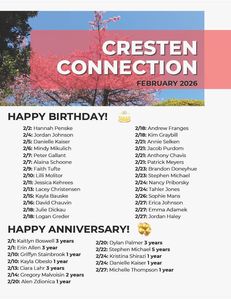 Cresten Connection February 2026 newsletter with birthday and anniversary lists over a pink-and-blue floral header