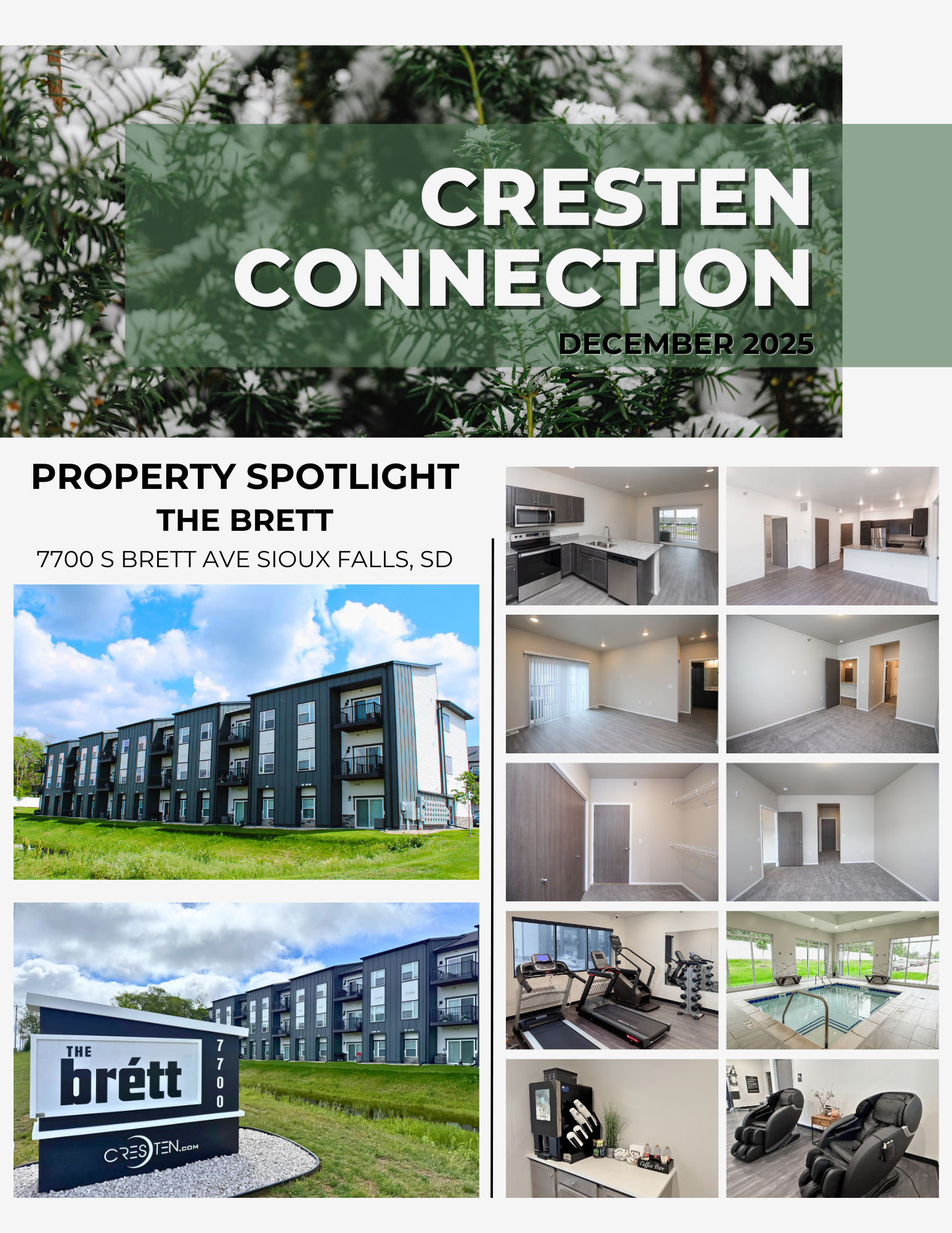 Crescent Connection newsletter cover with Property Spotlight on Brett apartments and interior photos