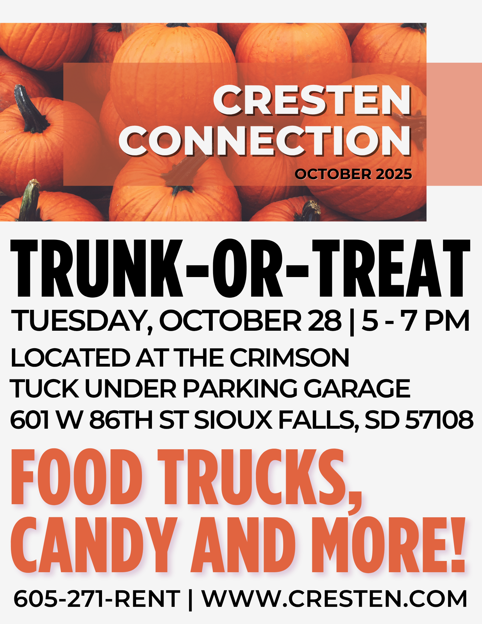 Cresten Connection Trunk-or-Treat flyer with pumpkins, October 28, 5–7 PM at The Crimson Truck