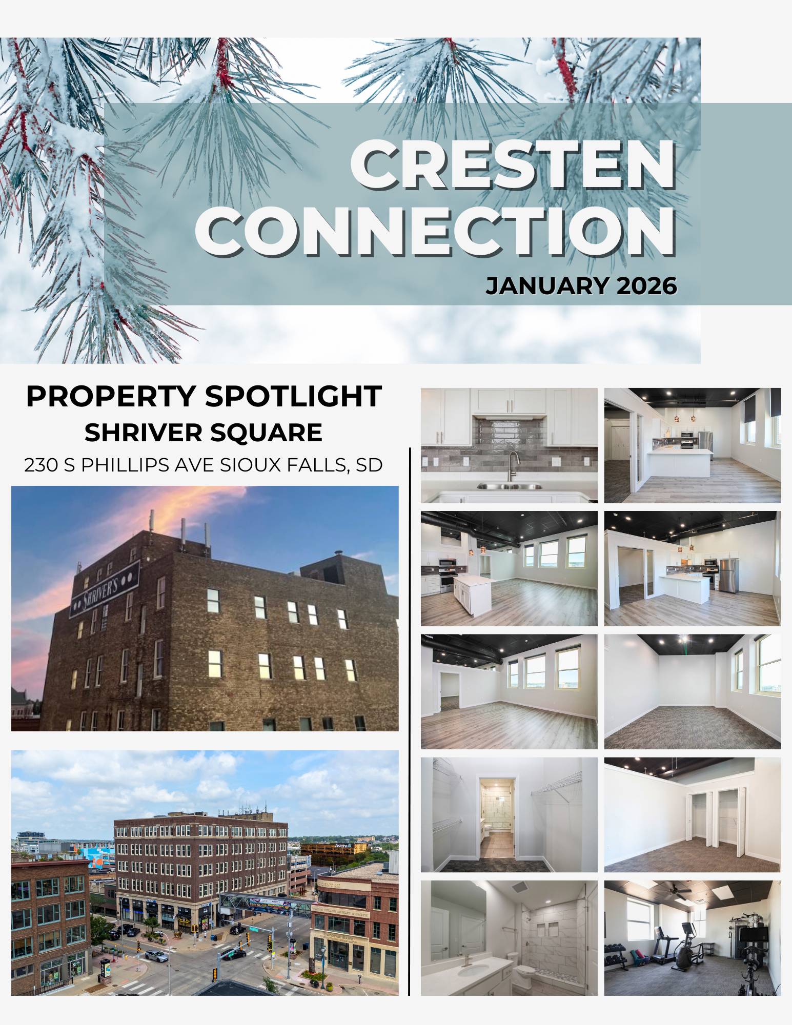 Cresten Connection January 2026 newsletter cover with Shriver Square property spotlight and apartment photos