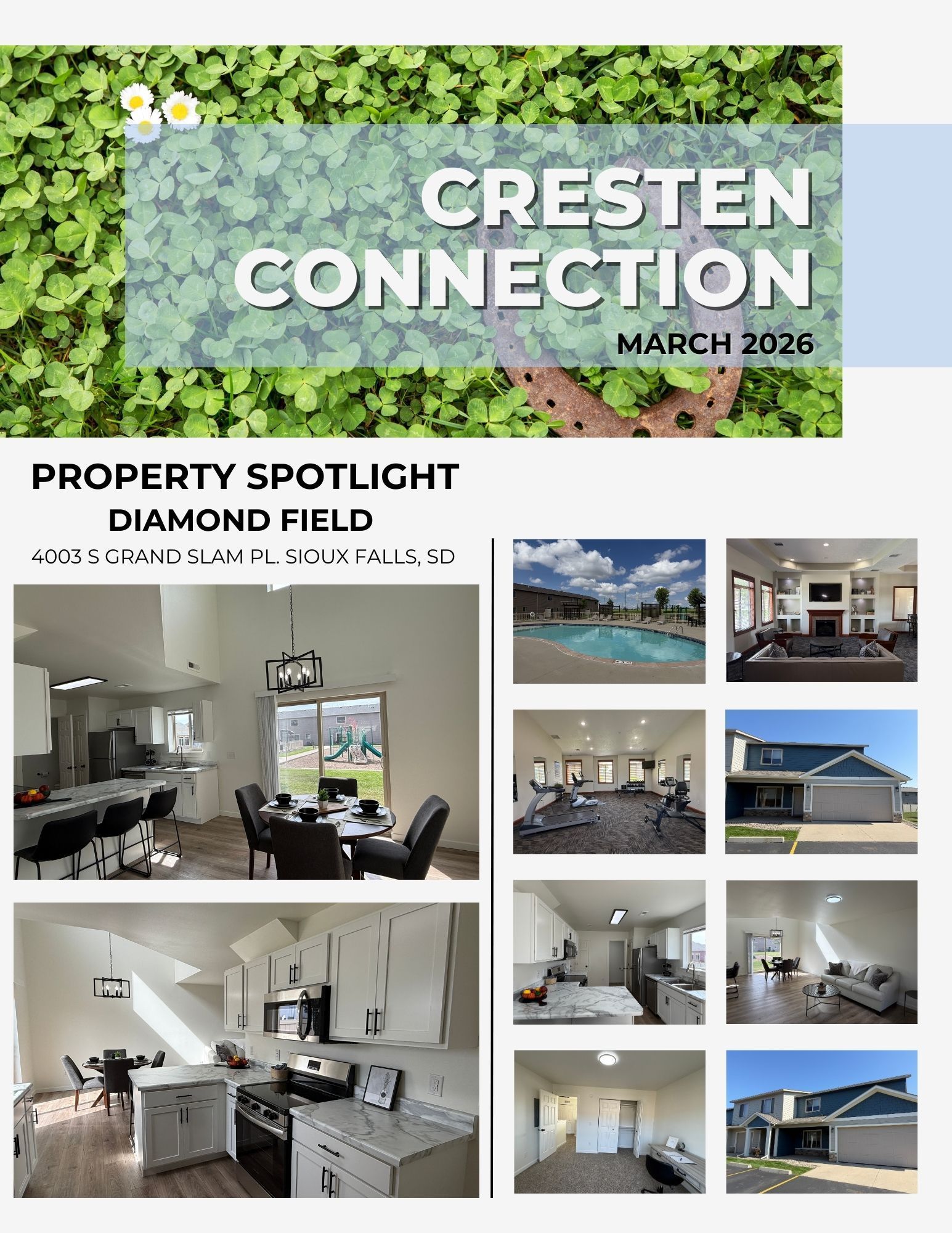 Cresten Connection March 2026 newsletter featuring Diamond Field property spotlights and interior photos