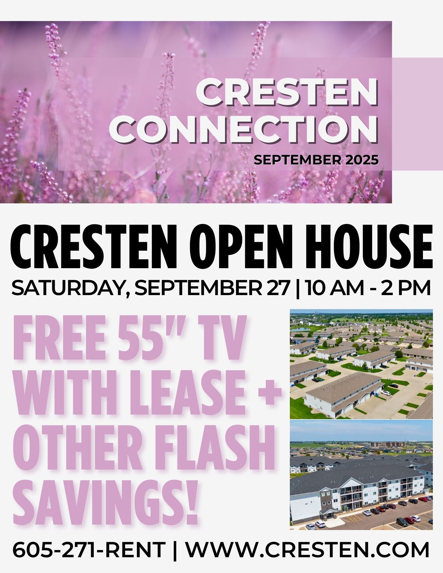 Cresten Connection September 2025 open house flyer with purple header and lease savings promotion, Sept. 27, 10 AM–2 PM