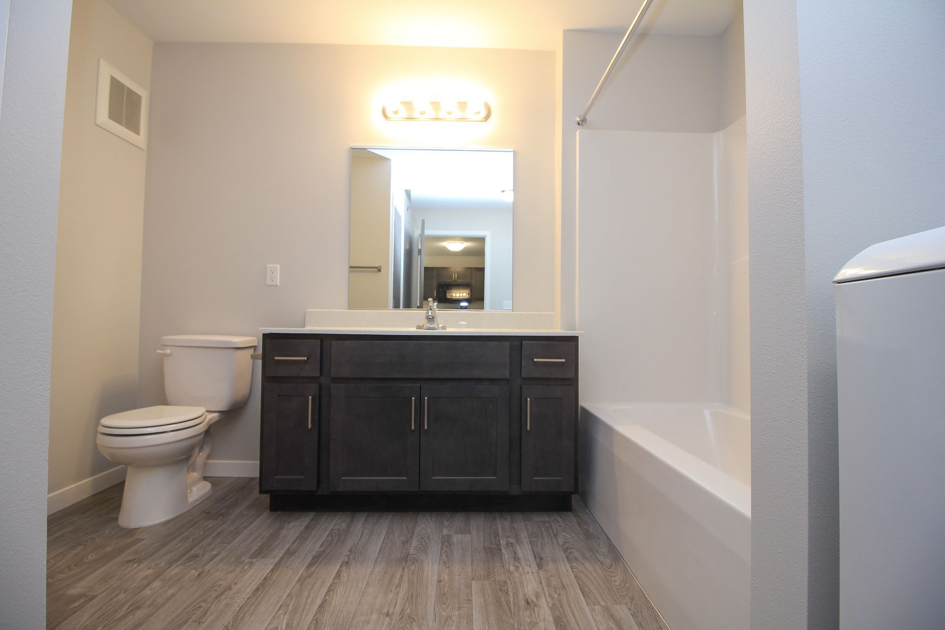 Modern bathroom with a dark vanity, mirror, toilet, and bathtub on the right.