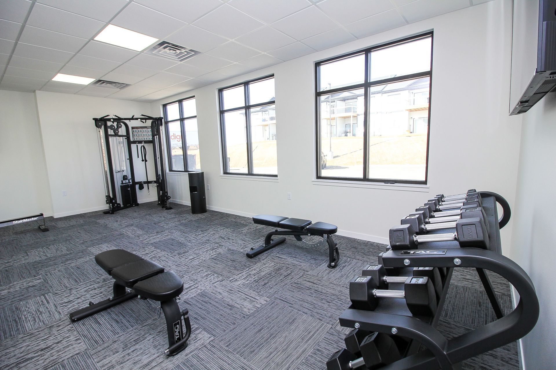 Bright gym room with weight benches, dumbbells, and cable machine by large windows.