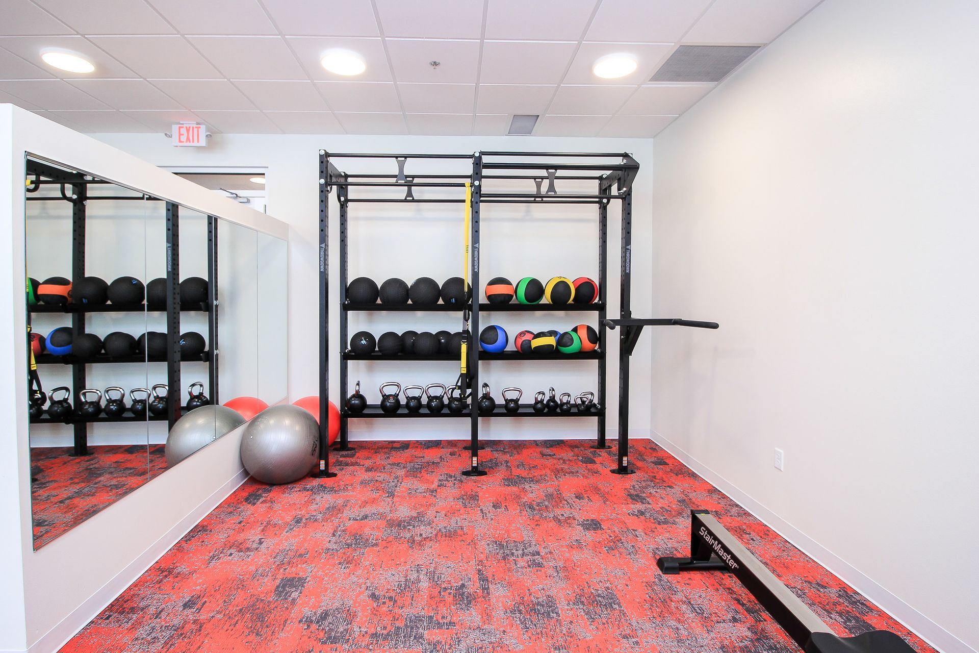 Empty gym with cable machine, dumbbell rack, and red carpet flooring in a bright room.