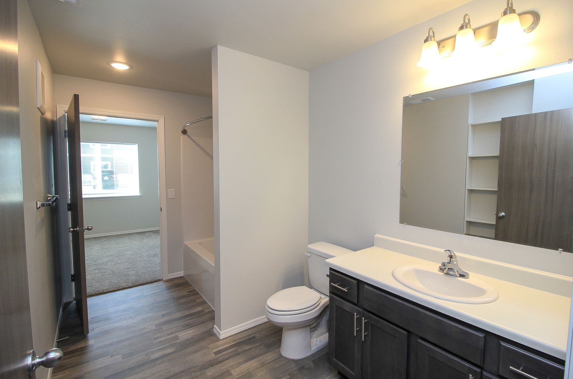 Bathroom vanity with mirror, toilet, and open doorway to a bedroom with a window and walk-in closet.