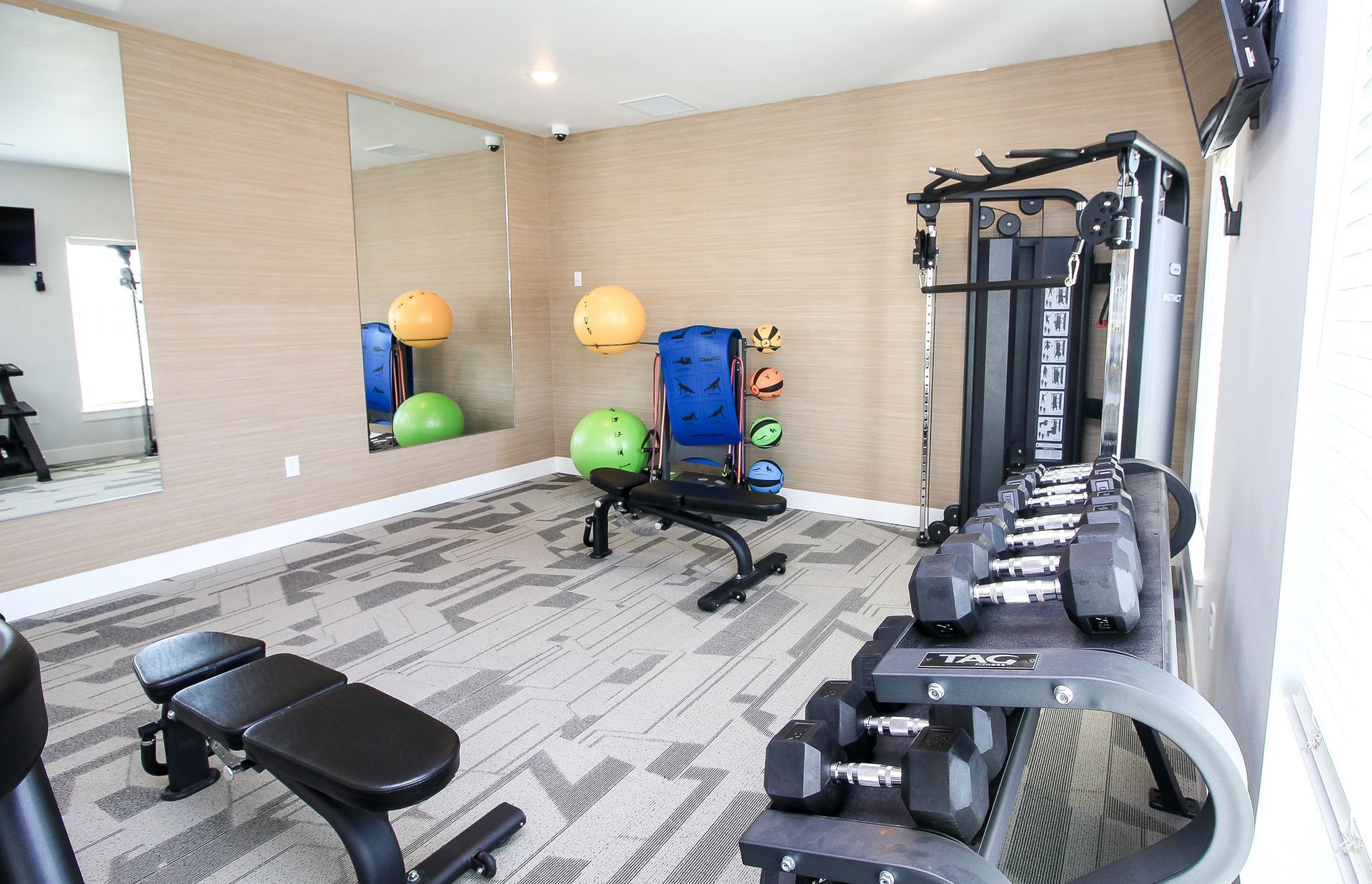 Home gym with dumbbell rack, weight bench, cable machine, and exercise balls on a patterned floor