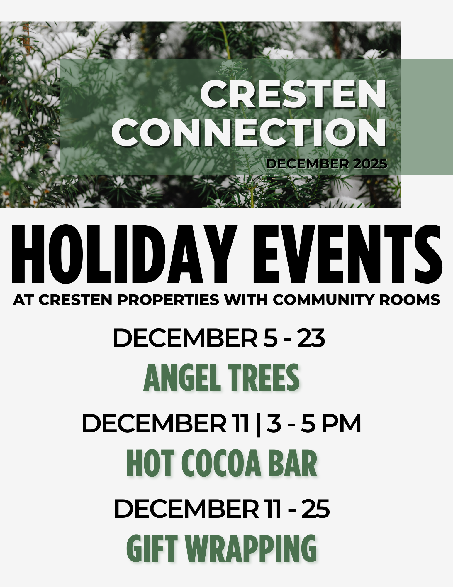 Cresten Connection holiday events flyer: Angel Trees, hot cocoa bar, and gift wrapping, Dec. 5-25 in community rooms