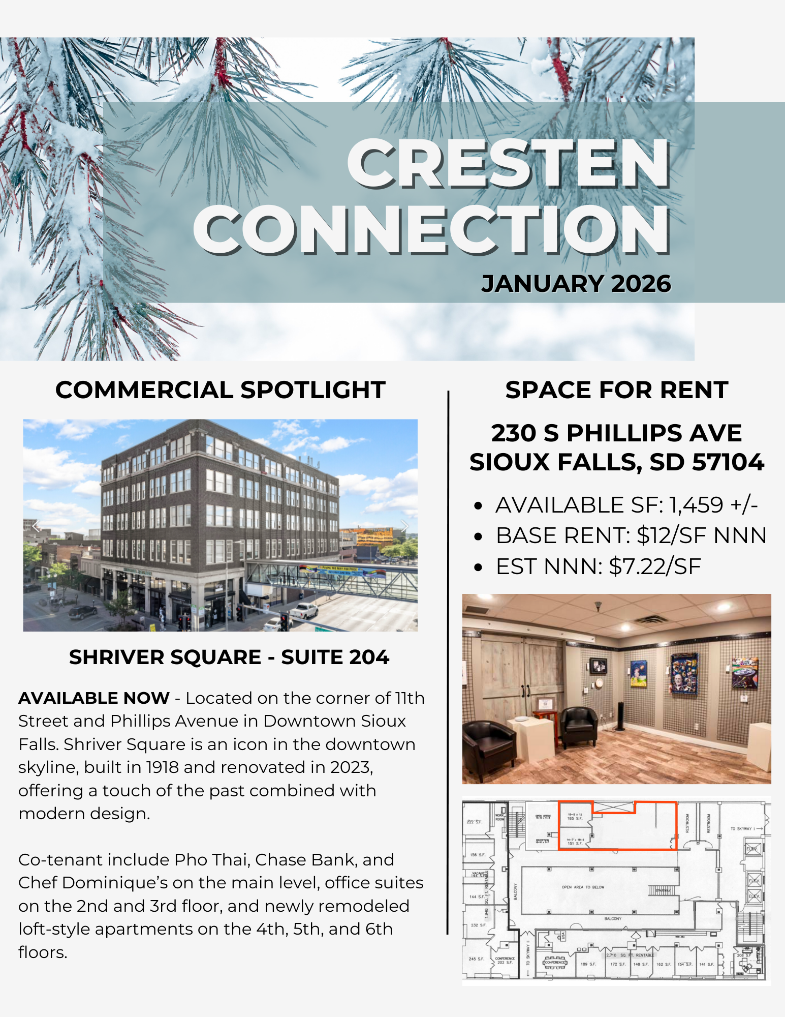 Cresten Connection January 2026 flyer with commercial spotlight and space for rent listings.