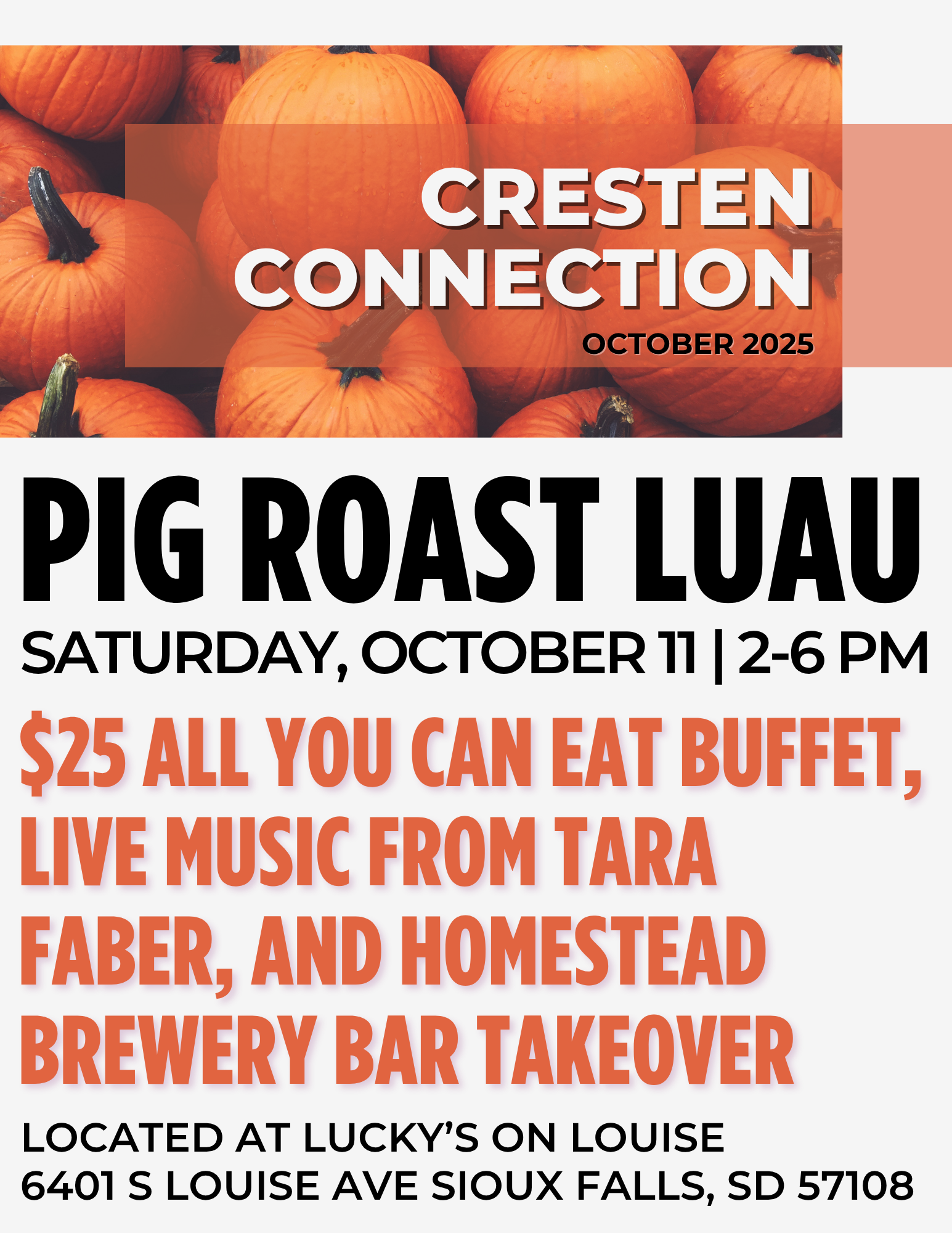 Cresten Connection Pig Roast Luau flyer with pumpkins, October 11, 2–6 PM, live music and buffet details