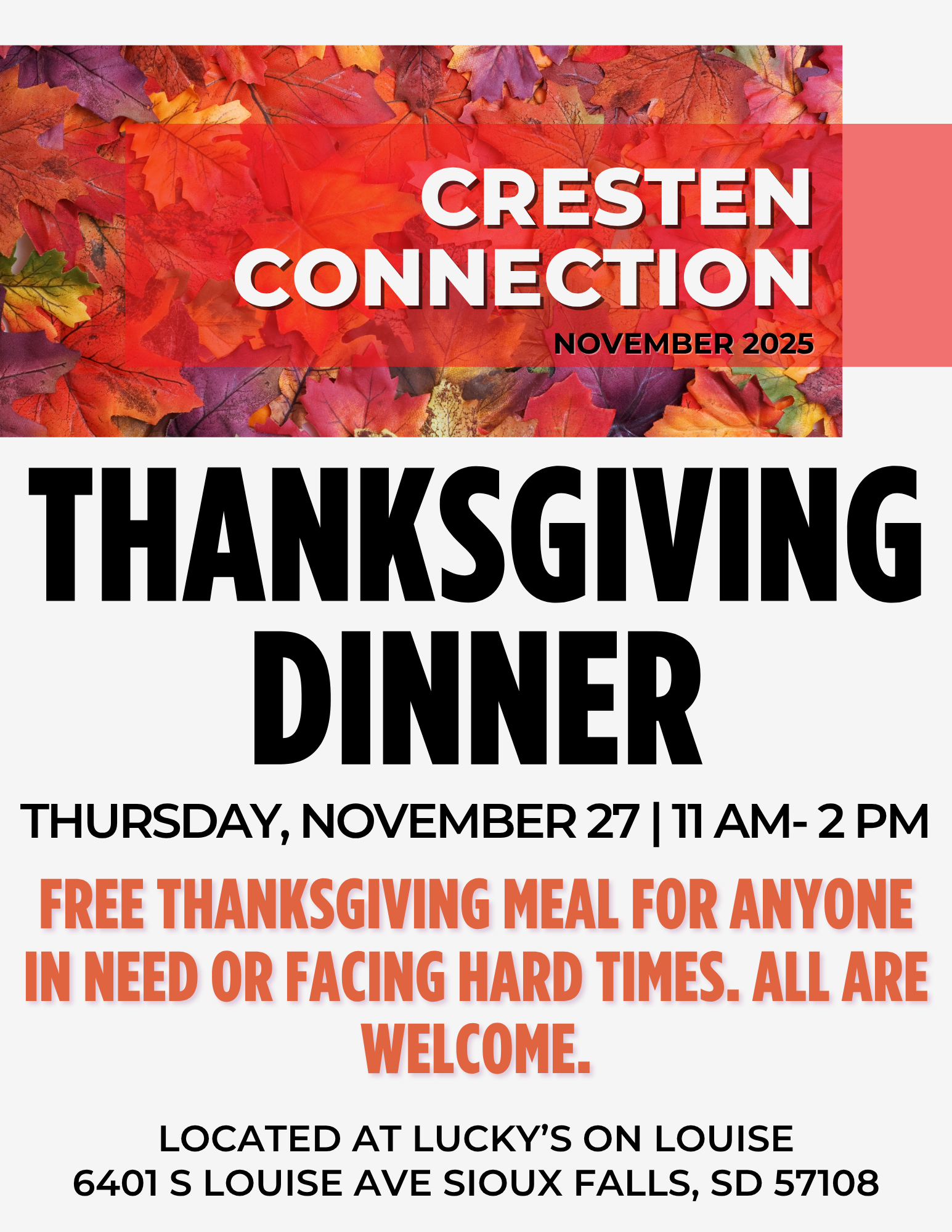 Thanksgiving dinner flyer for Creston Connection, Nov. 27, at Lucky’s on Louise, free meal 11 a.m.–2 p.m.