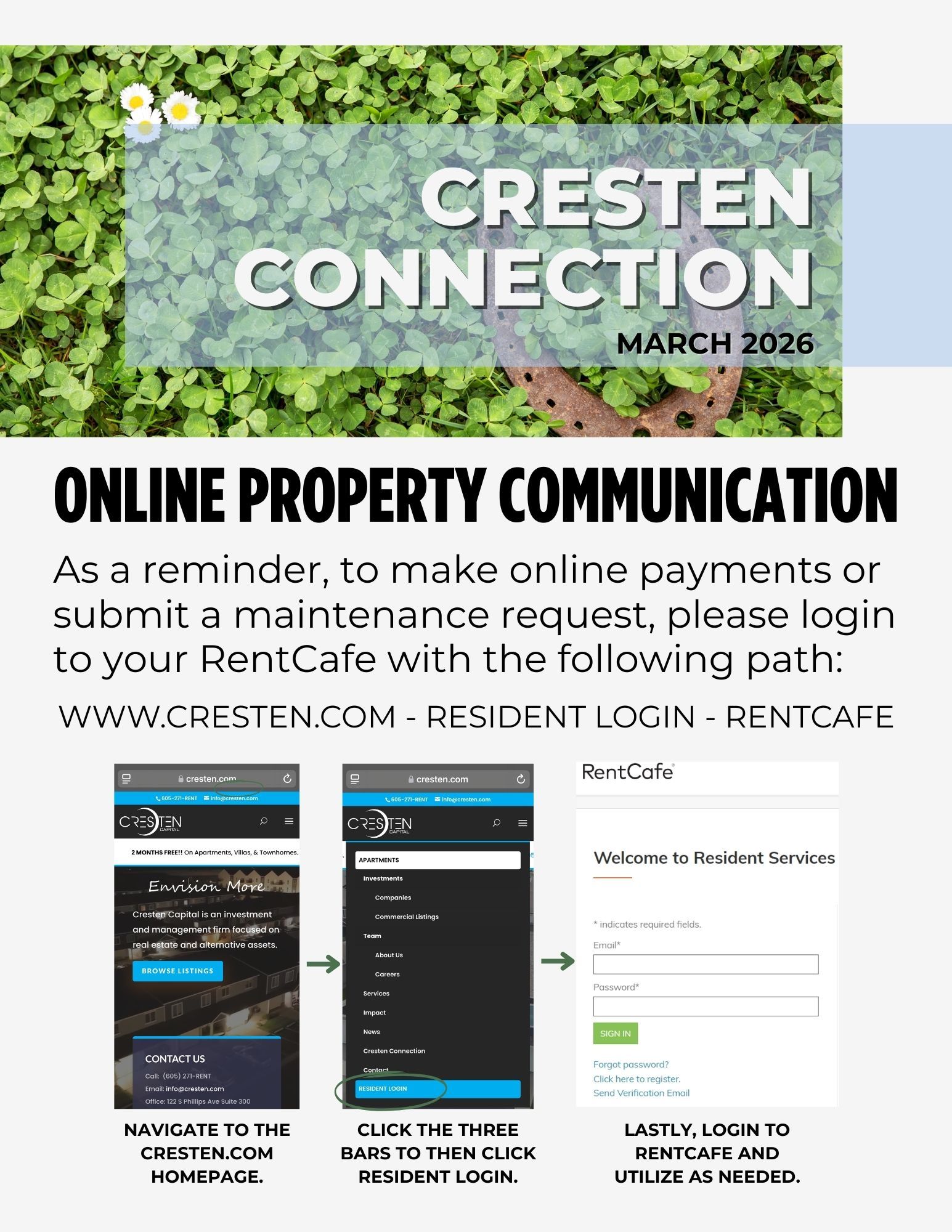Cresten Connection March 2026 flyer for online property communication and RentCafe resident login instructions