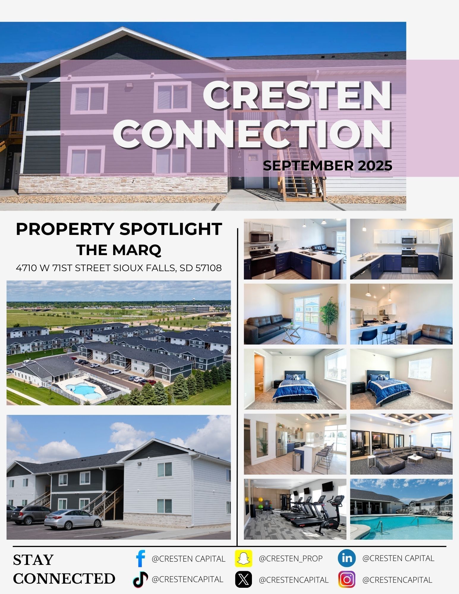 Real estate newsletter titled “Cresten Connection” with property spotlight and home photos, September 2025