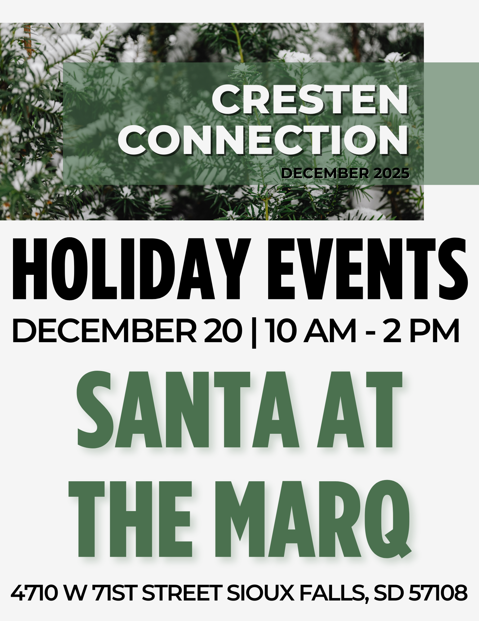 Cresten Connection holiday events flyer for Santa at the Maro, Dec. 20, 10 a.m.–2 p.m., Sioux Falls
