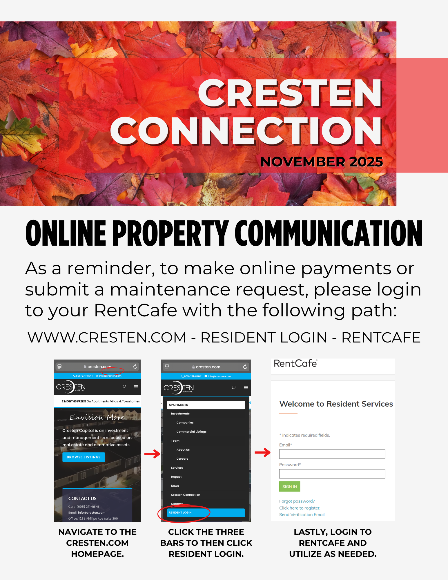 Cresten Connection newsletter with “Online Property Communication” instructions and RentCafe login steps.