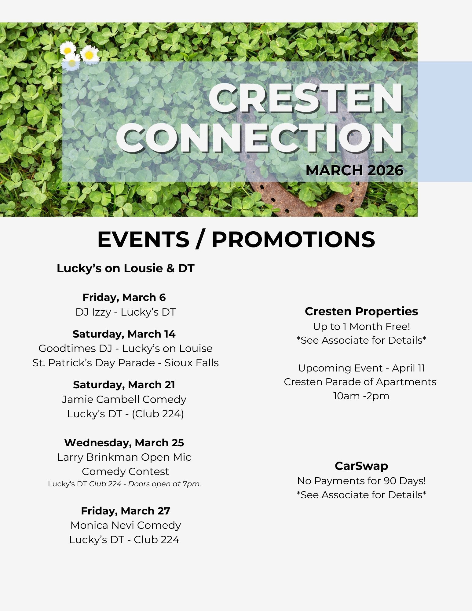 Cresten Connection March 2025 events flyer with green leaf banner and black text on white background