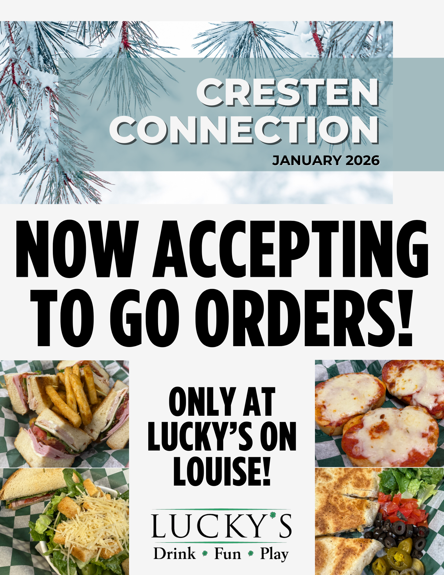 Cresten Connection January 2026 ad: Now accepting to-go orders at Lucky’s on Louise, with food photos.