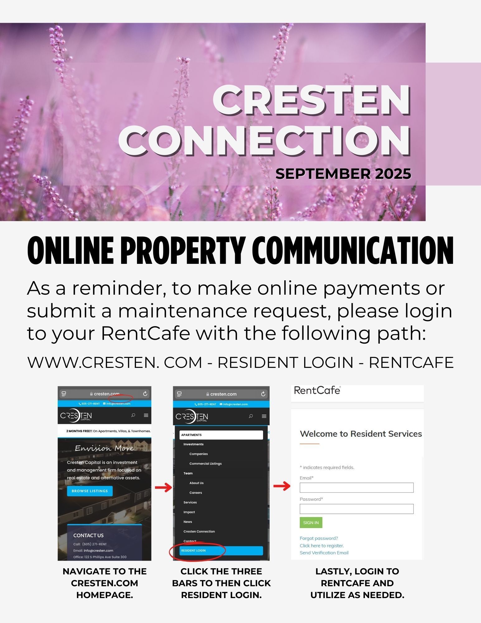 Cresten Connection September 2025 property communication notice with RentCafe login steps and screenshots