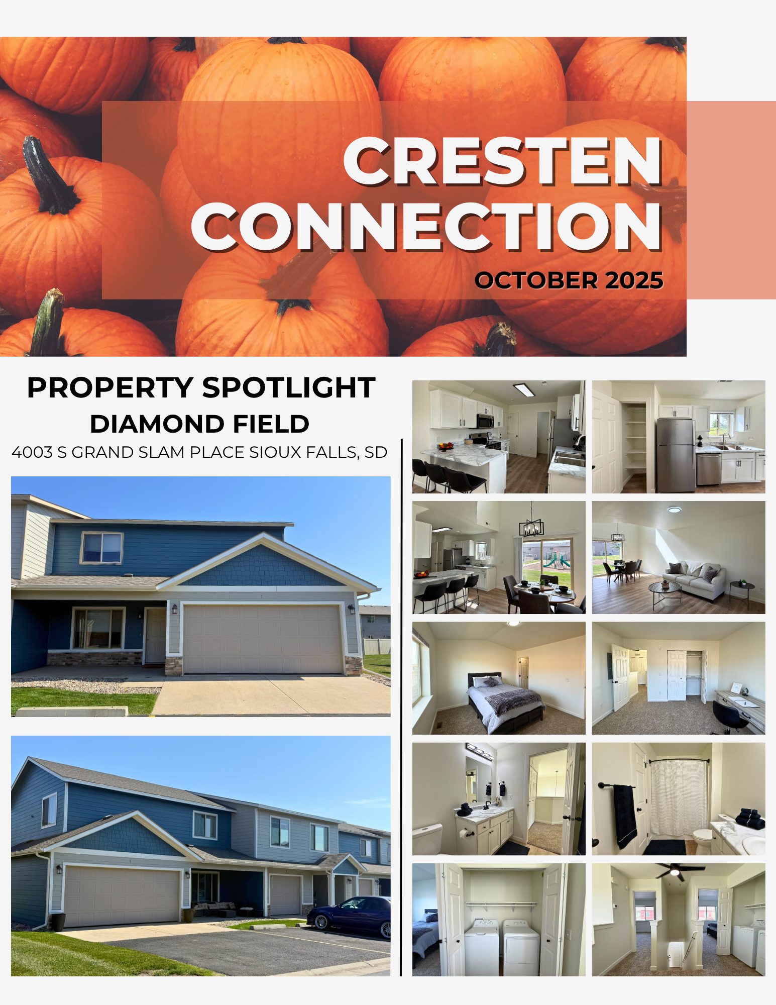 Cresten Connection October 2025 featuring Diamond Field property spotlight with home exterior and interior photos