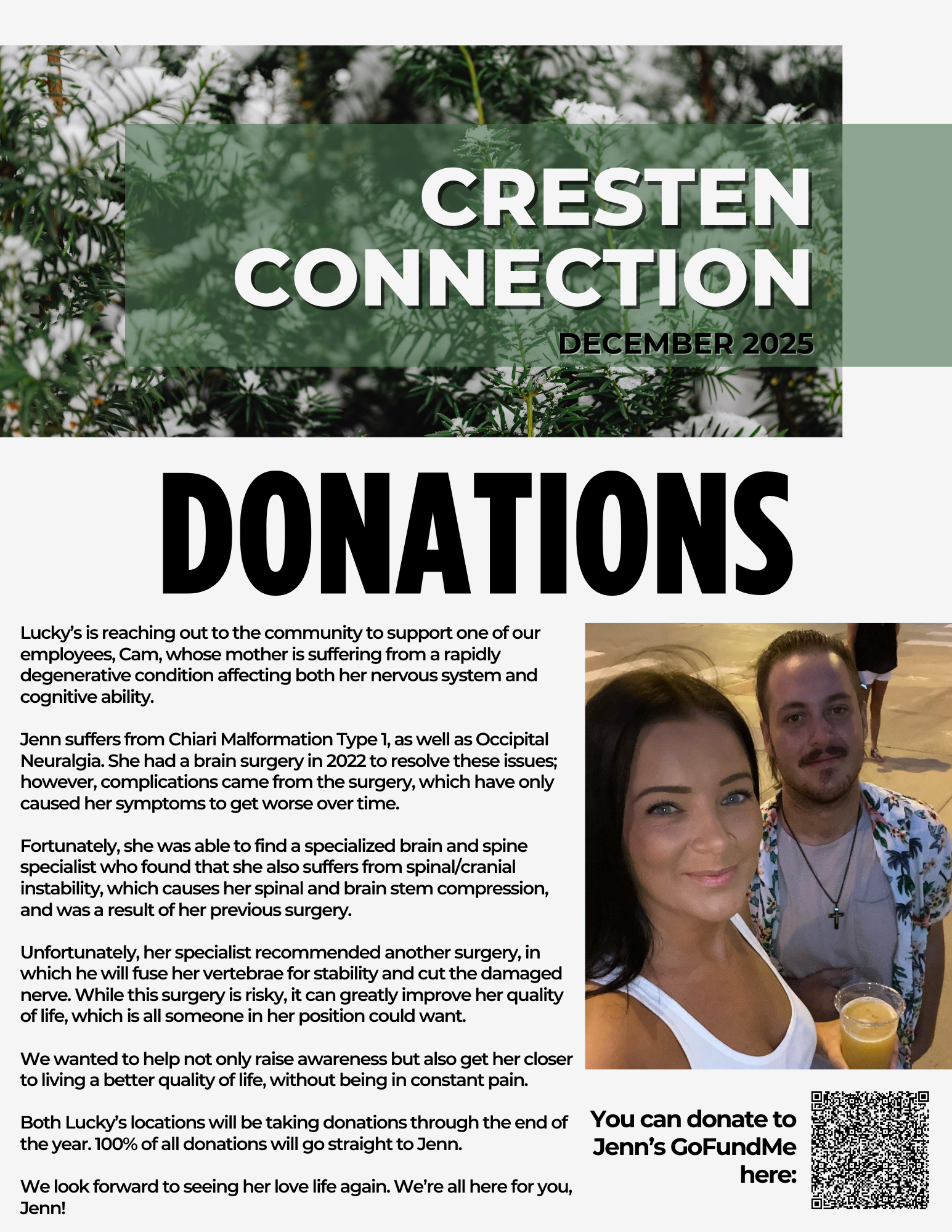 Cresten Connection donations flyer with bold “DONATIONS” text, text blocks, and a couple’s photo with QR code.