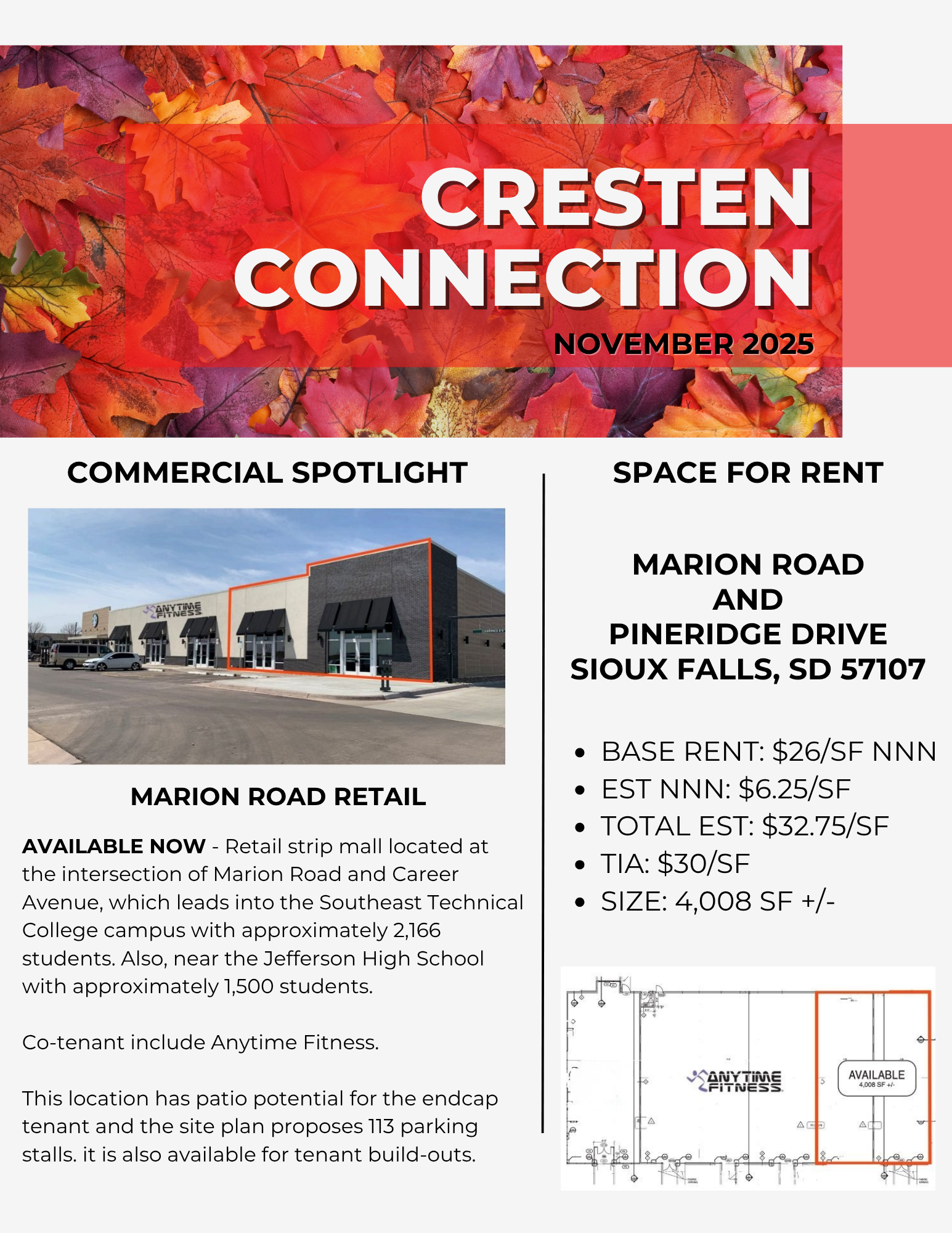 Commercial real estate flyer for Cresten Connection, November 2025, with retail spotlight and space for rent.