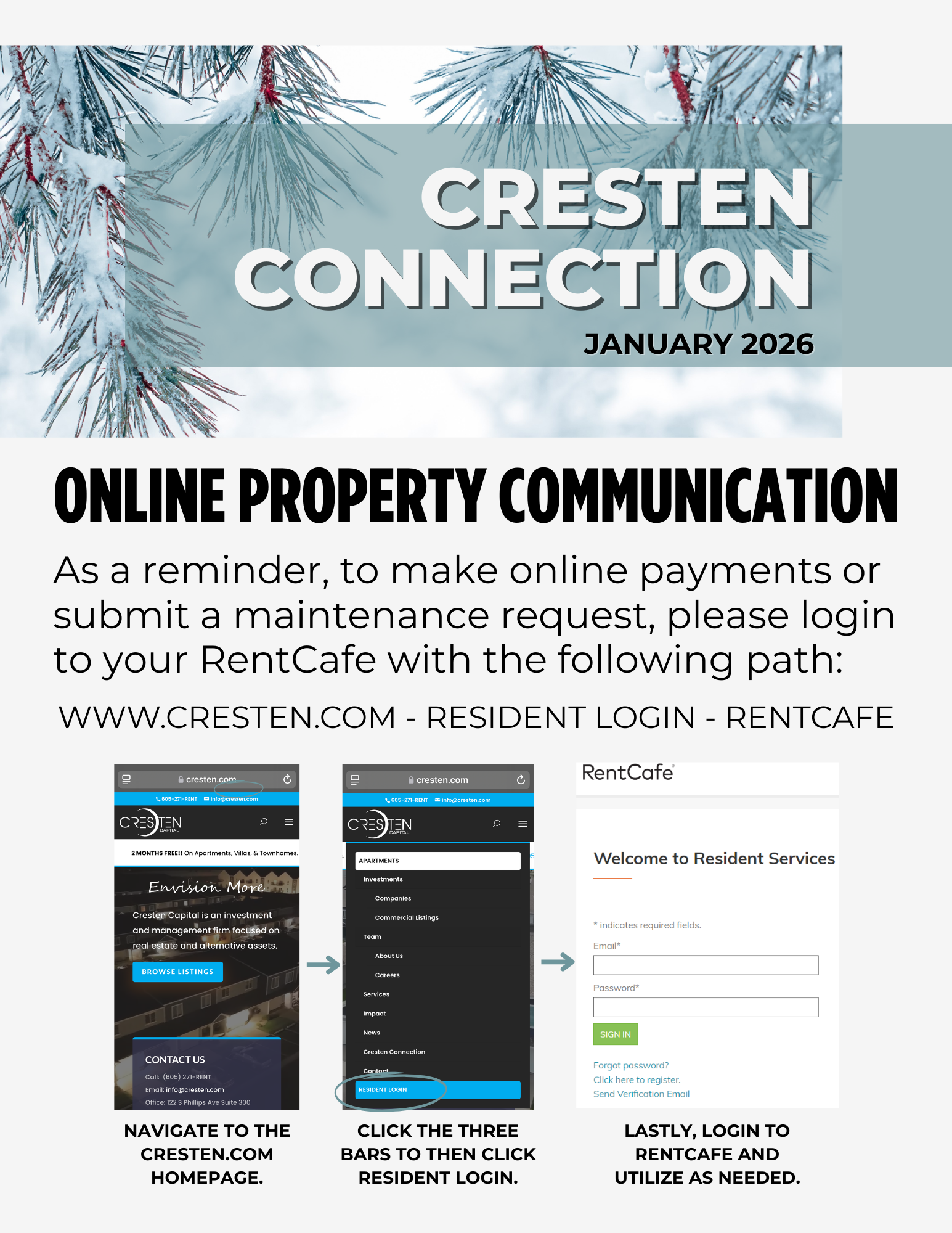 Cresten Connection flyer about online property communication and RentCafe resident login instructions, January 2026