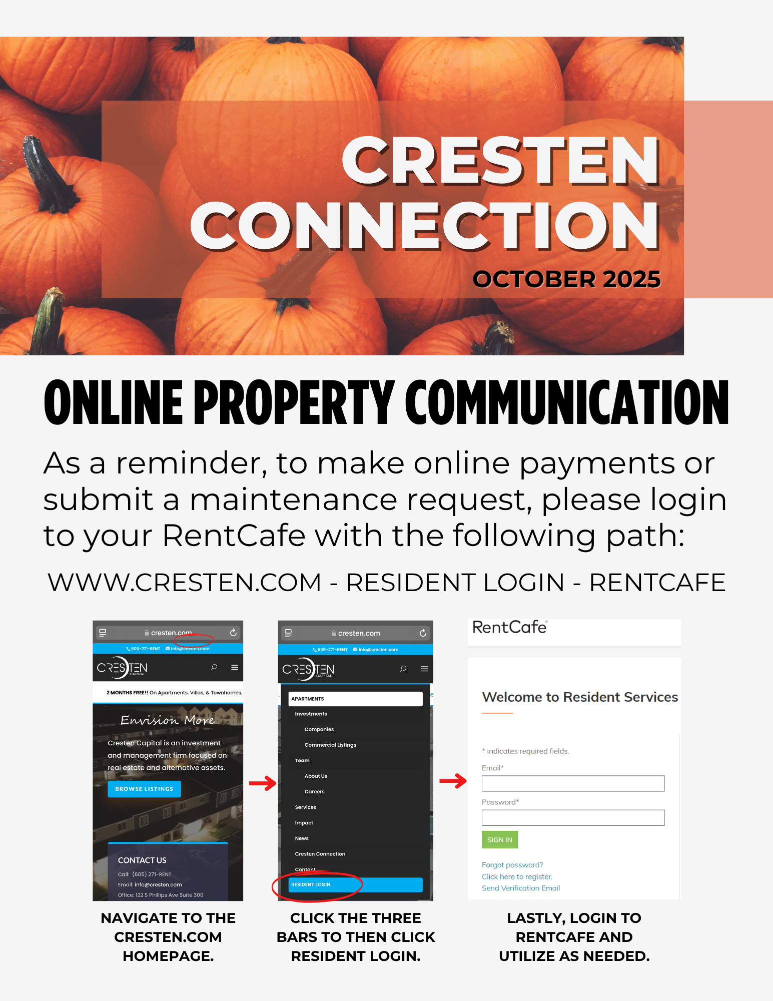 Cresten Connection October 2025 flyer about online property communication and resident RentCafe login instructions