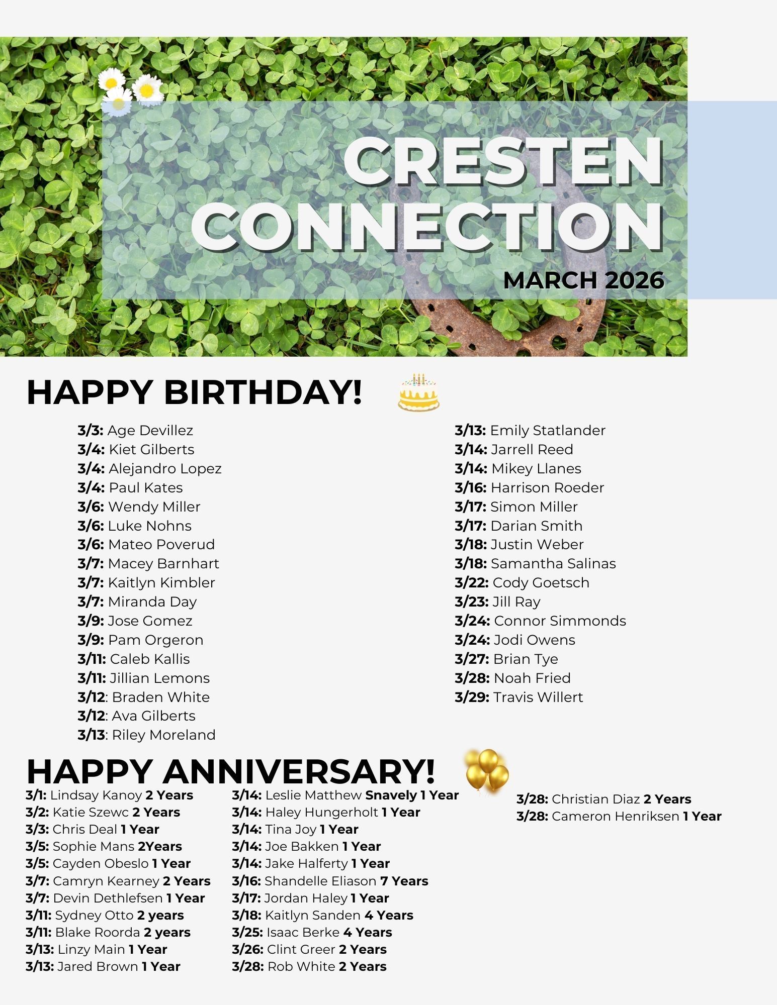 Cresten Connection March 2026 newsletter with birthday and anniversary lists on a leafy green header