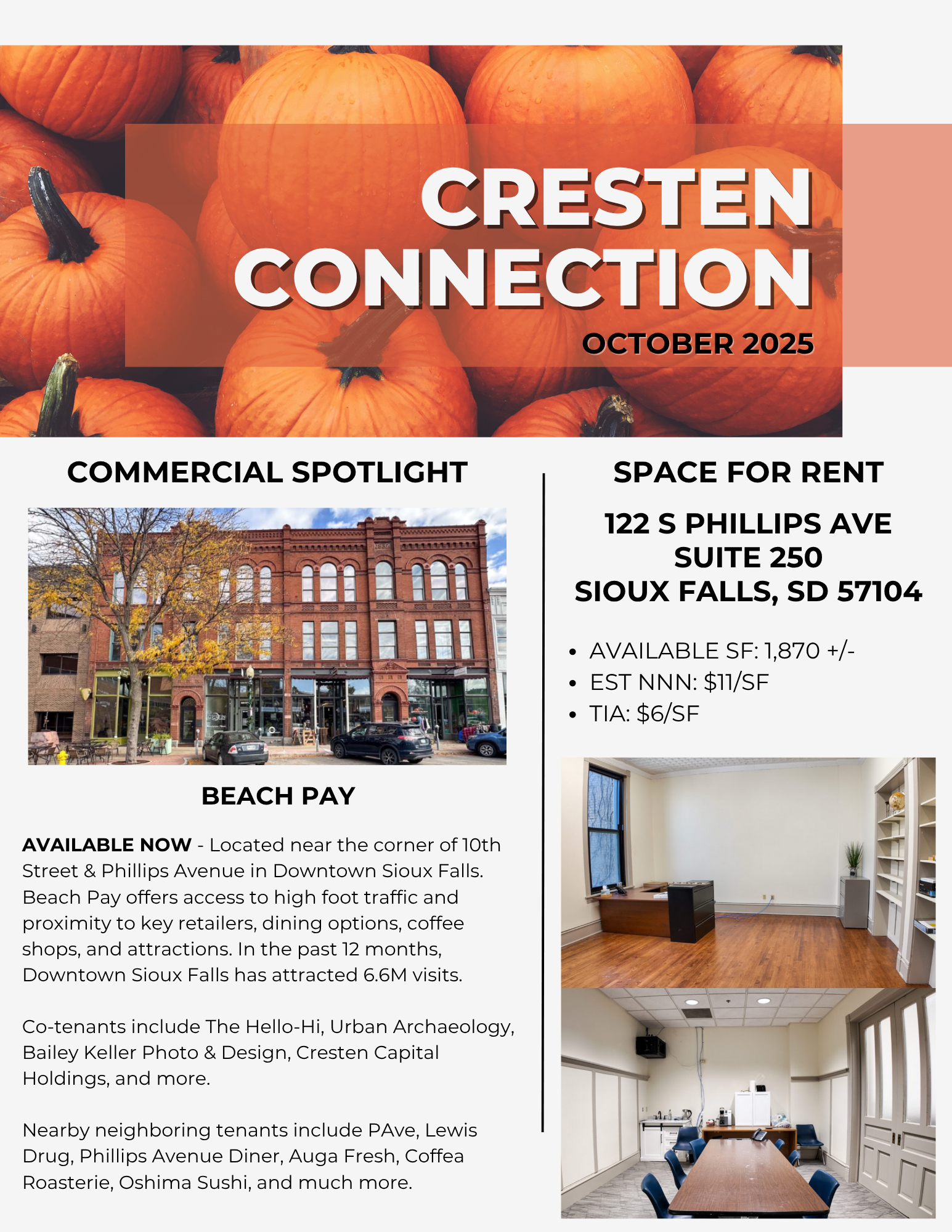 Cresten Connection October 2025 newsletter featuring commercial spotlight and space for rent listings