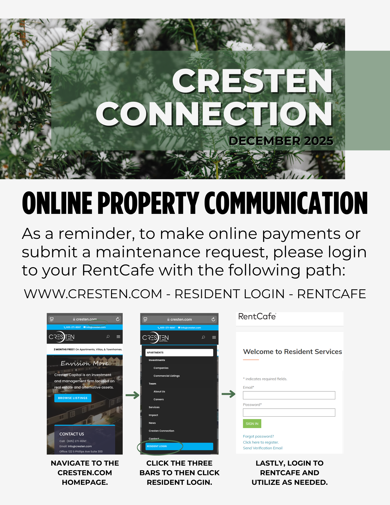 Green-and-white Cresten Connection flyer about online property communication via RentCafe login.