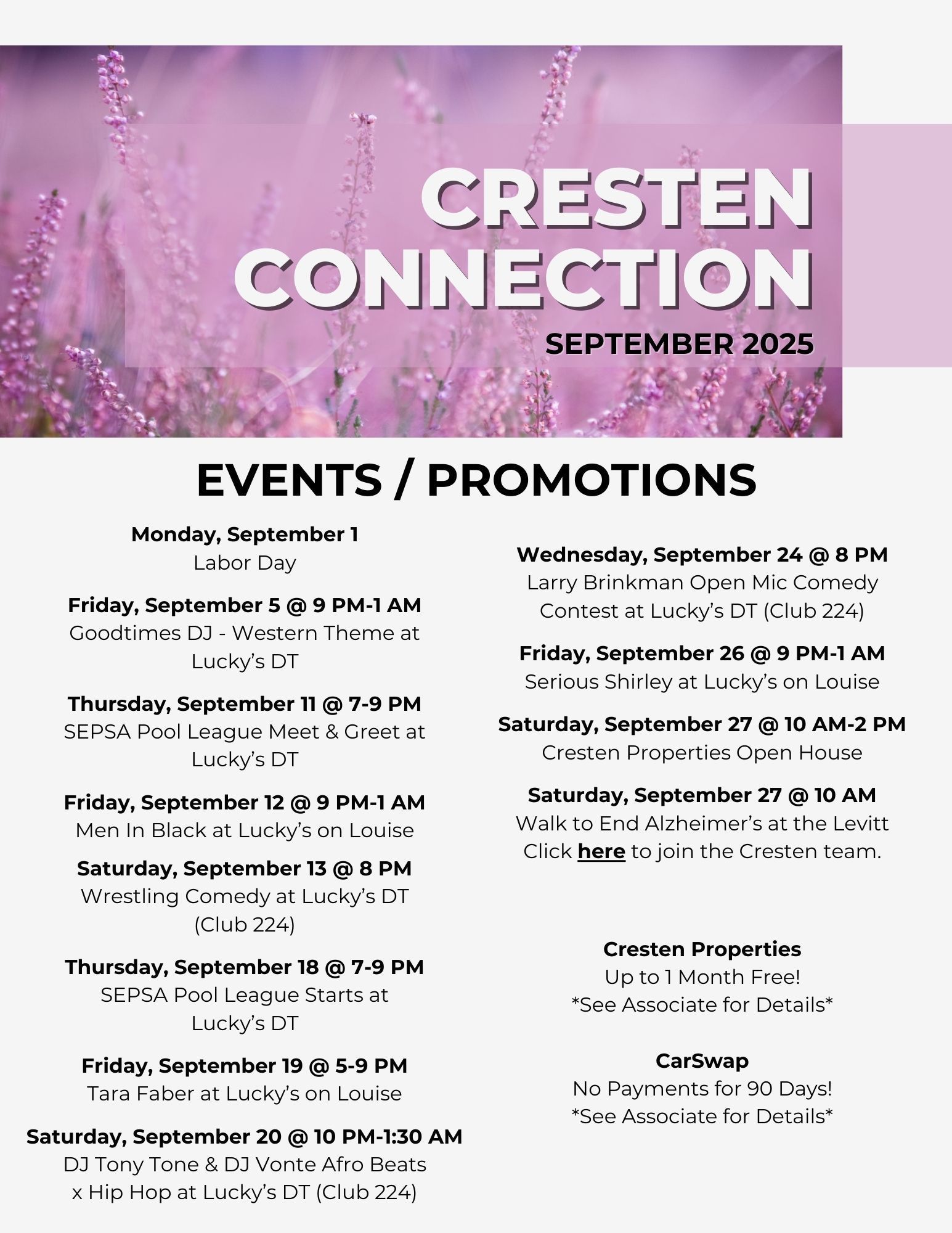 Cresten Connection September 2025 events and promotions flyer with lavender floral background
