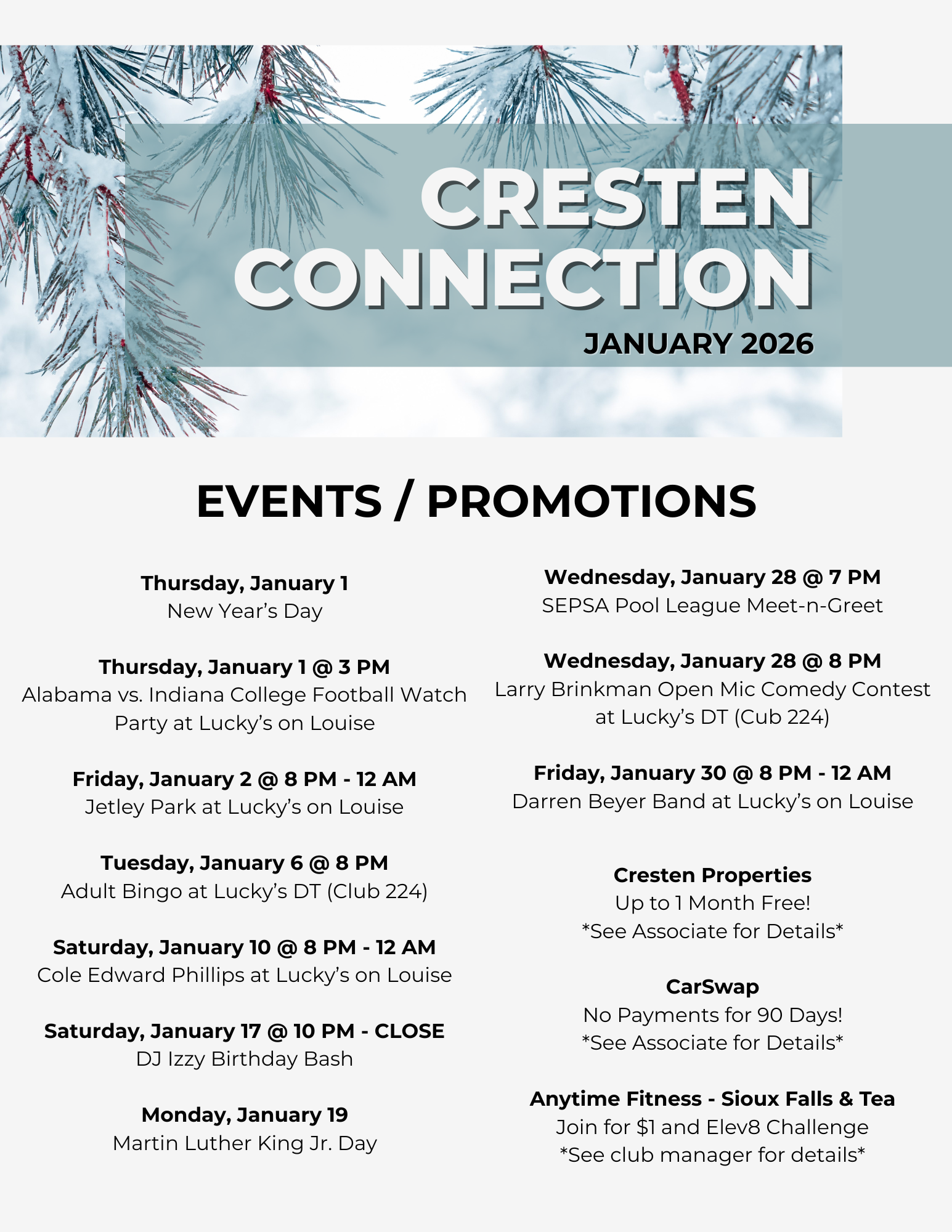 Cresten Connection January 2026 events flyer with snowy pine branches and a two-column schedule list