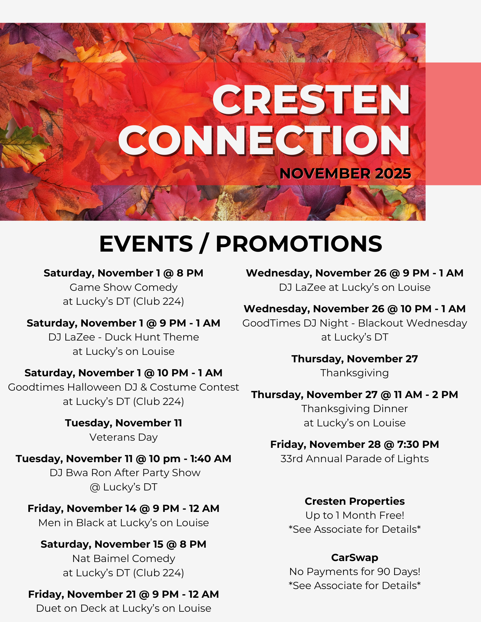 Cresten Connection November 2025 events and promotions poster with red-orange autumn leaves background