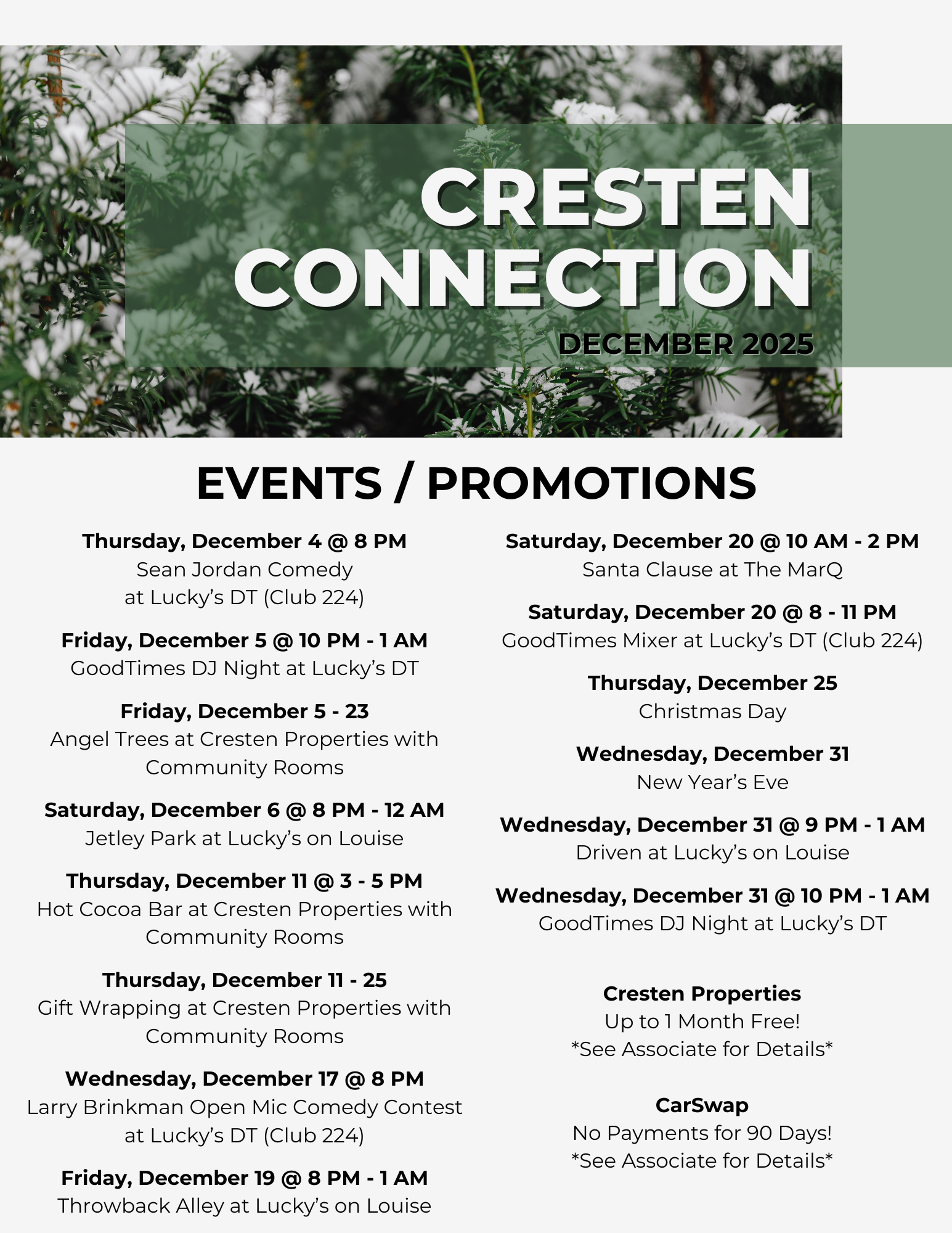 Cresten Connection December 2025 events and promotions flyer with green header over forest image and two-column schedule