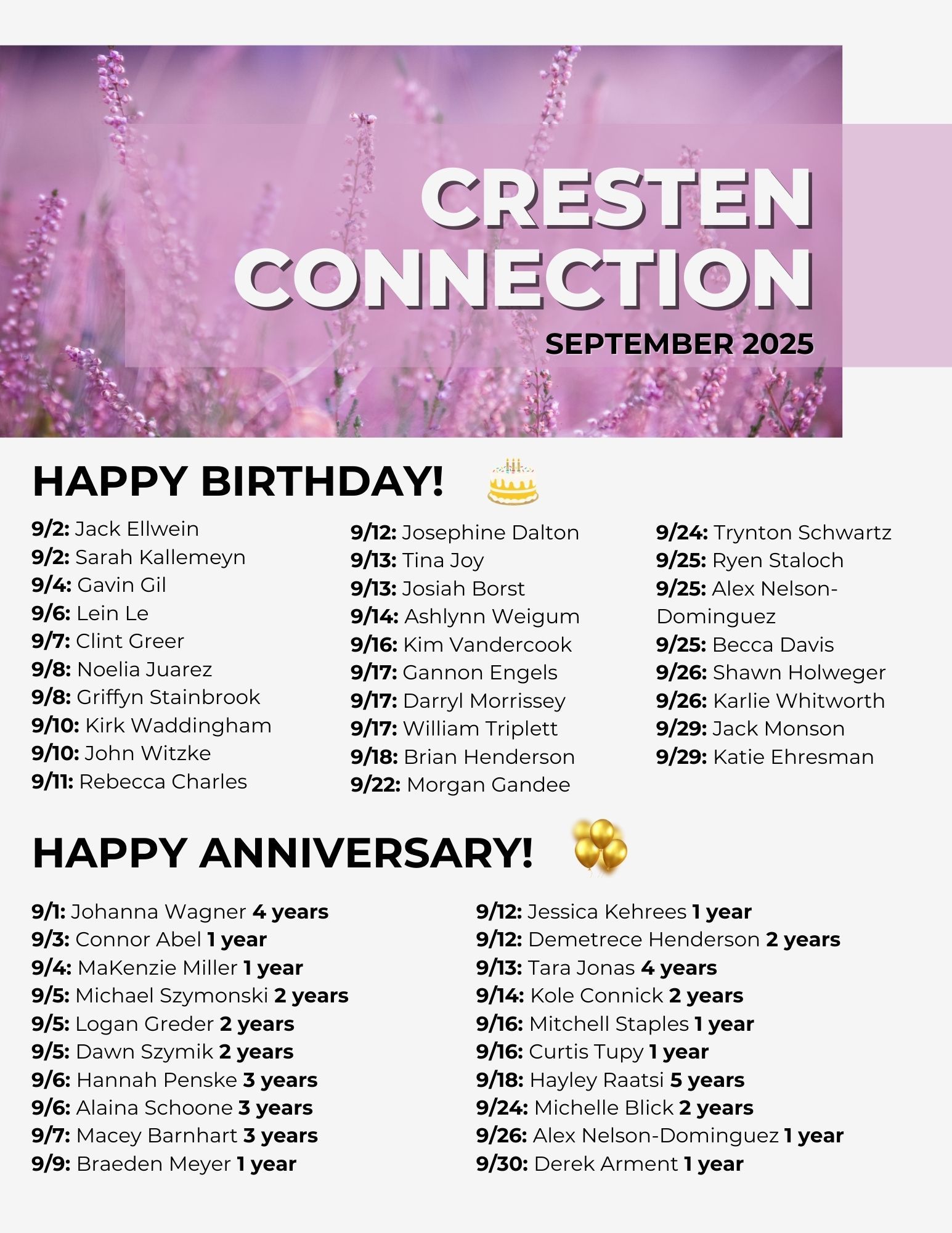 Cresten Connection September 2025 announcement with birthday and anniversary lists on pink floral background