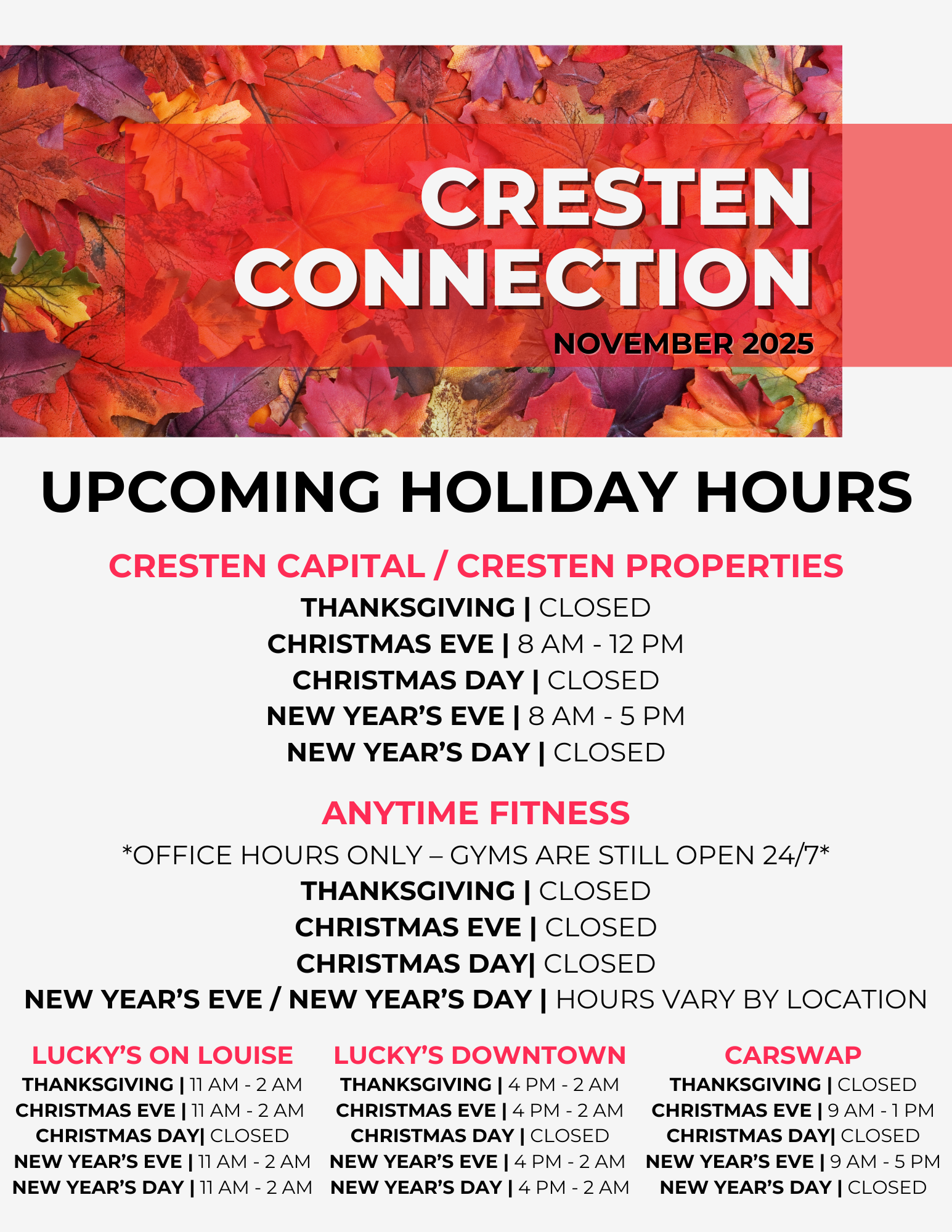 Cresten Connection November 2025 holiday hours flyer with red autumn leaves and branch holiday schedule