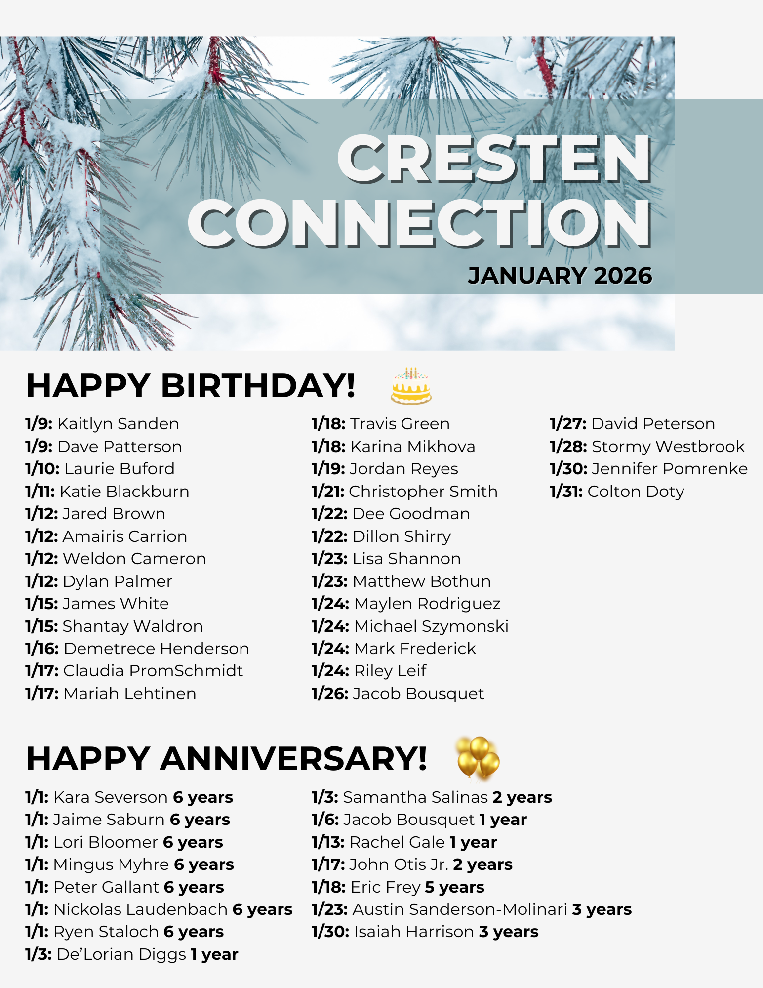 Cresten Connection January 2026 birthday and anniversary list with winter pine banner