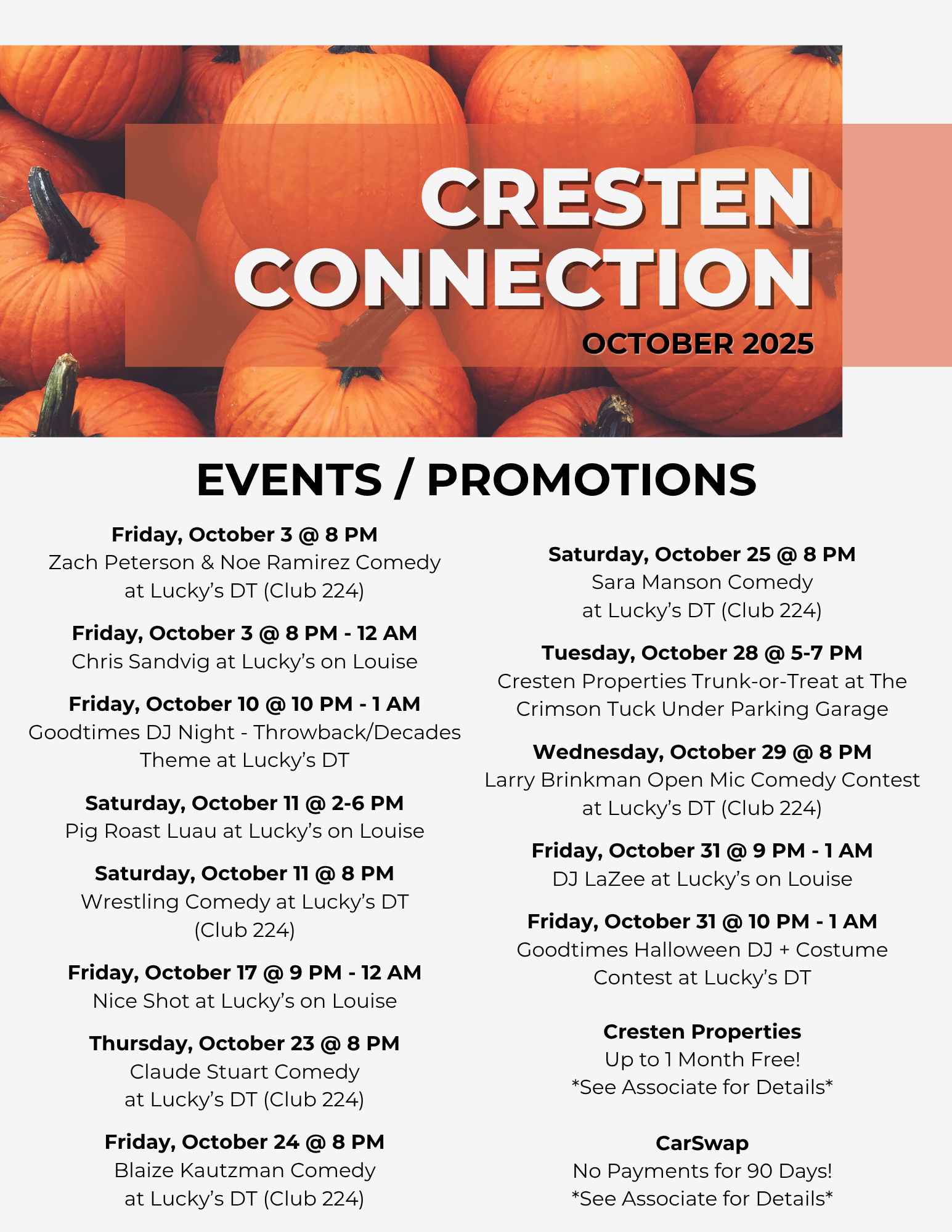 Cresten Connection October 2025 events flyer with pumpkins and a list of promotions and dates