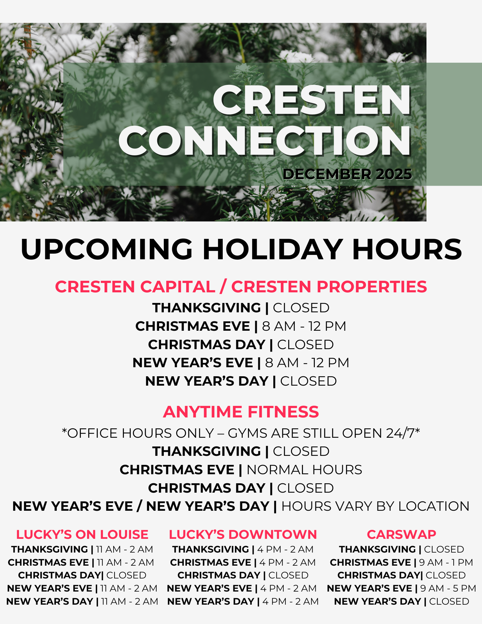 Cresten Connection December 2025 holiday hours flyer with green winter banner and store closures listed