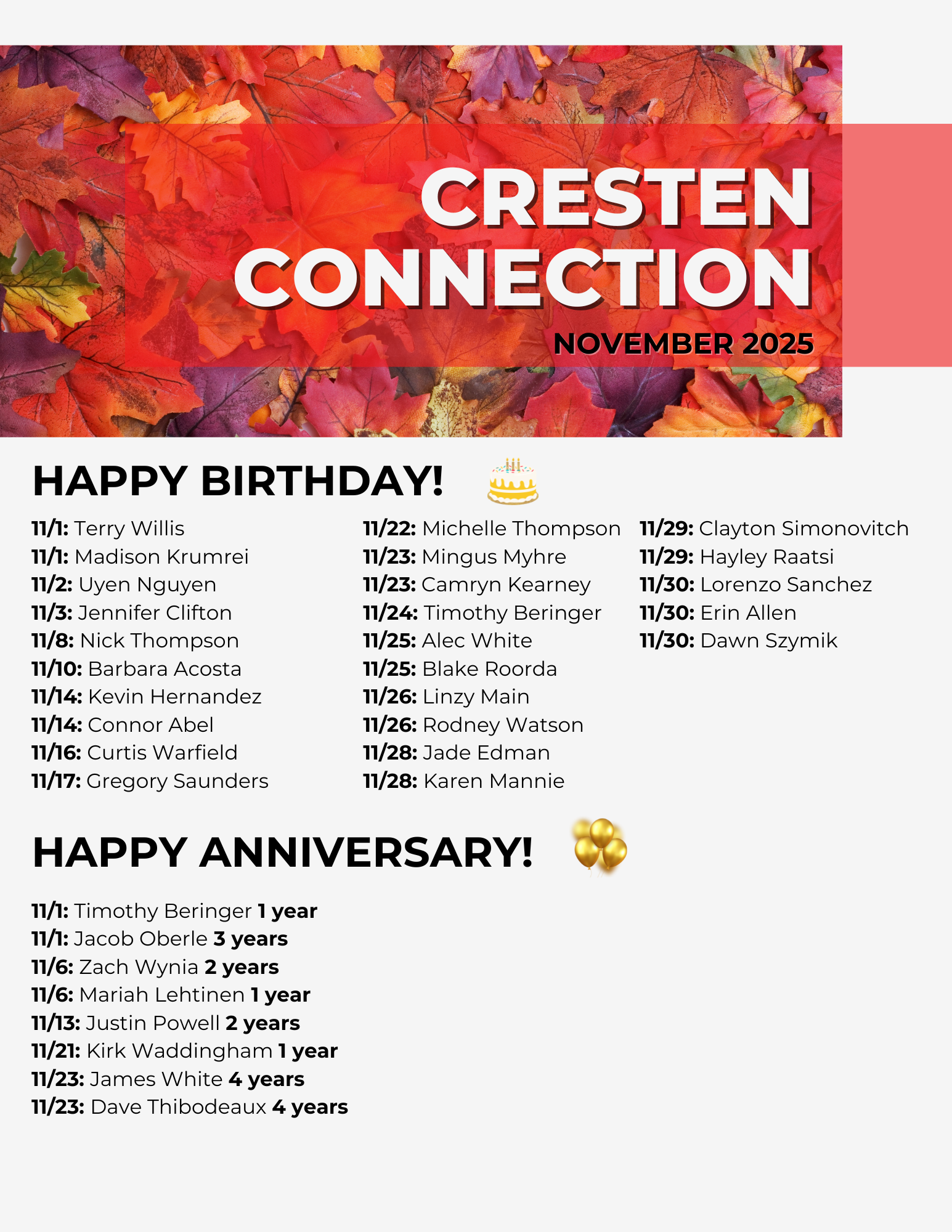 Cresten Connection November 2025 calendar with birthday and anniversary lists on an orange floral background