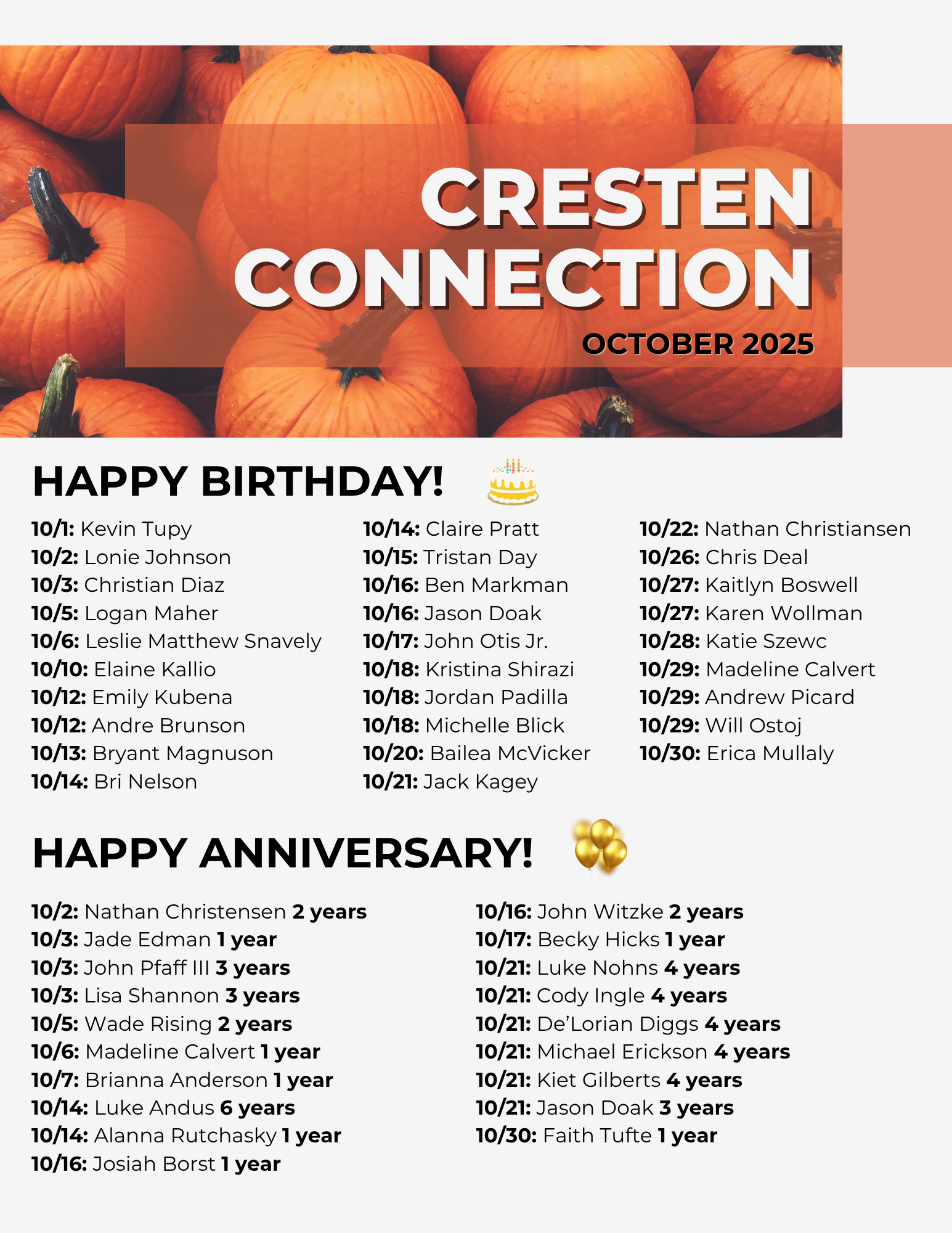 Cresten Connection October 2025 newsletter with pumpkins, birthday wishes, and anniversary listings