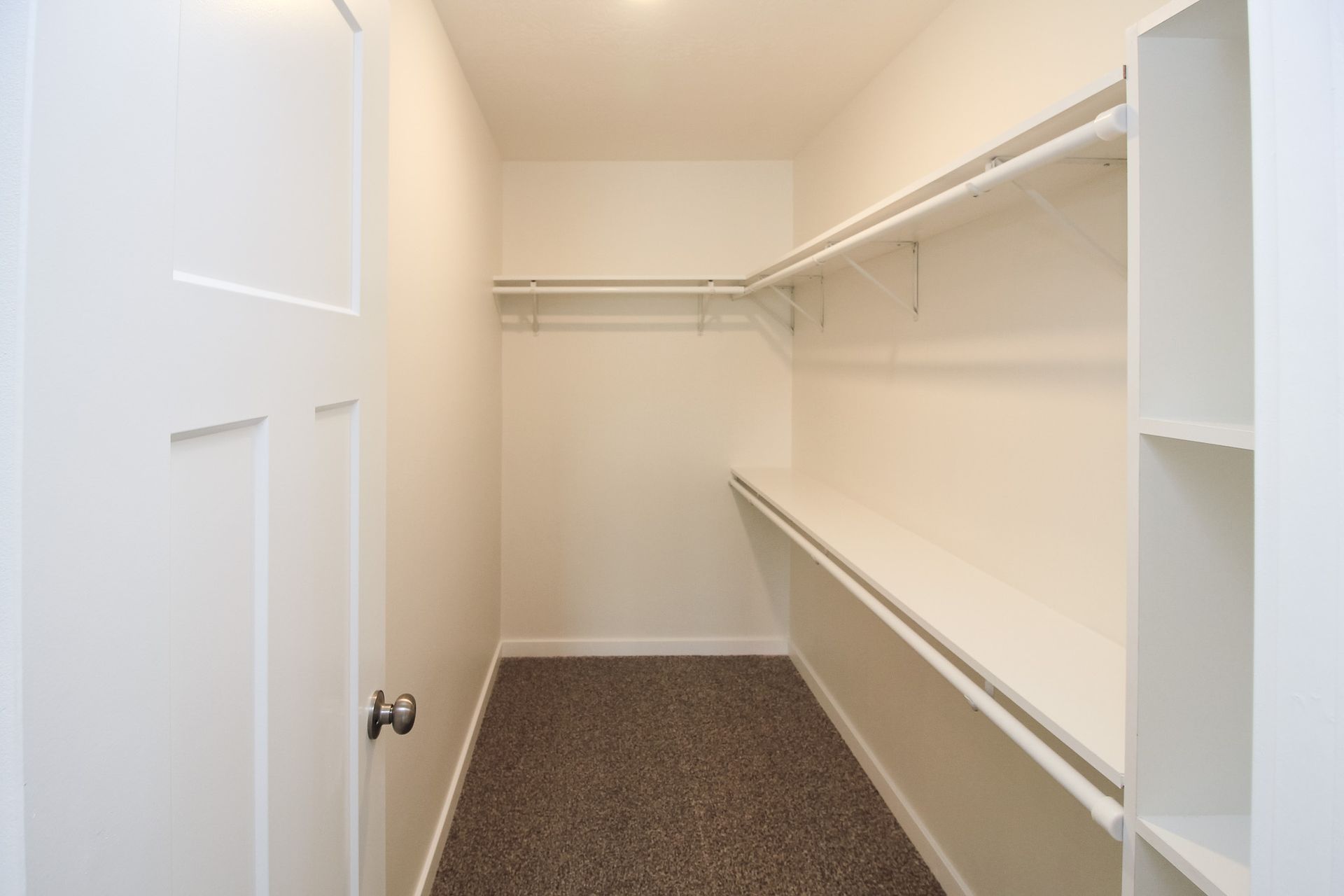 Empty white walk-in closet with wire shelving and carpeted floor