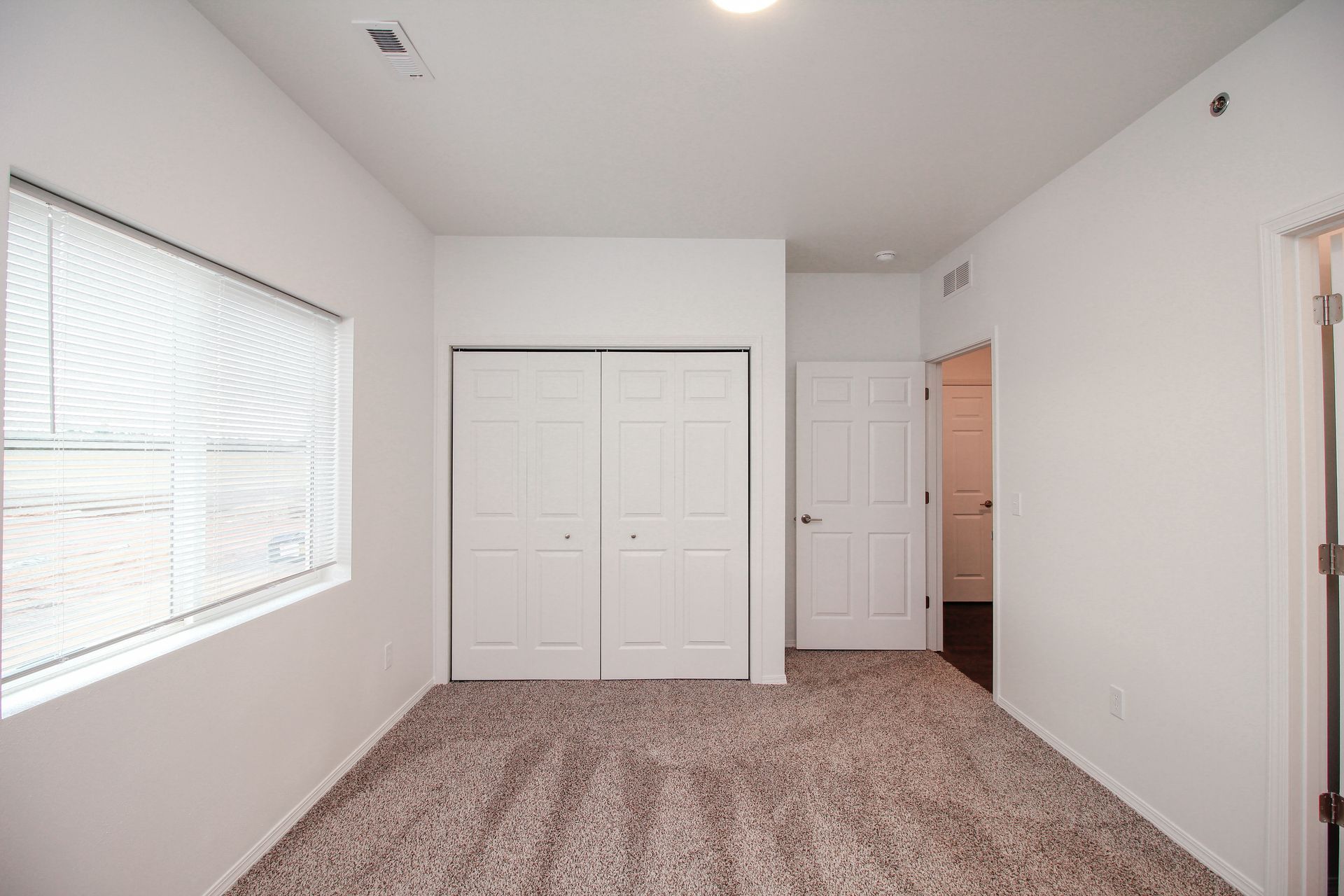 Interior hallway with open closet and bedroom doors, showing carpet and dark wood flooring