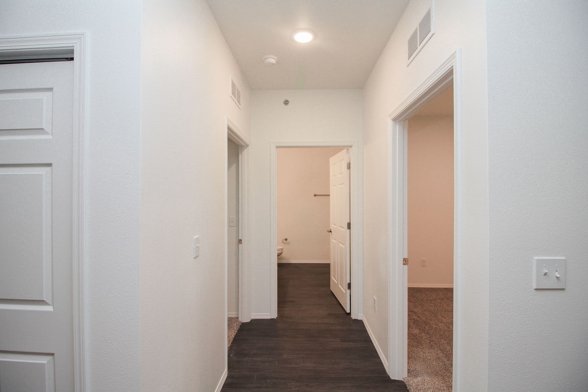 White hallway with multiple doorways and dark flooring in a home interior.