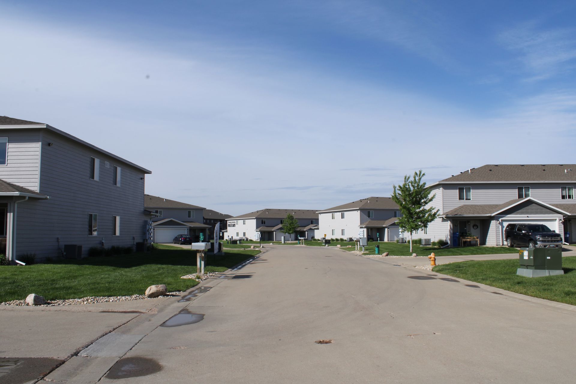 Quiet suburban street with houses, driveways, and a clear blue sky